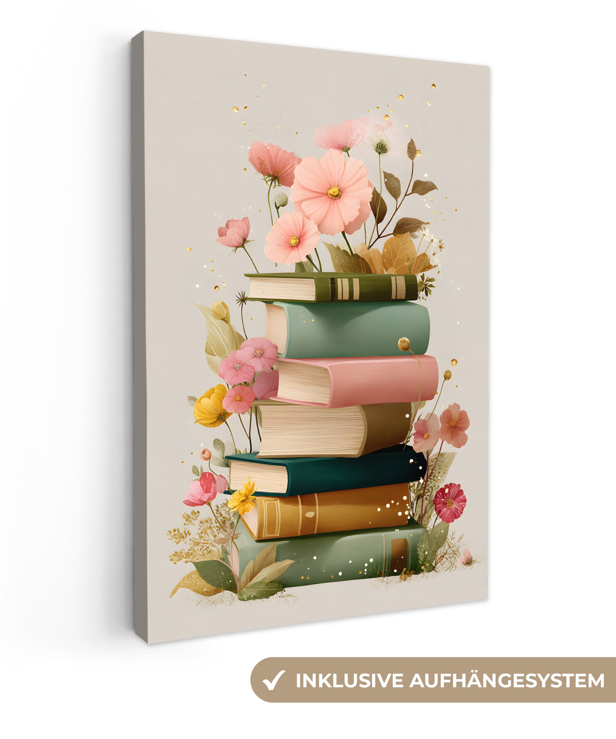 OneMillionCanvasses® Leinwandbild Bücher - Stapel - Blumen - Farbenfroh, Fo günstig online kaufen