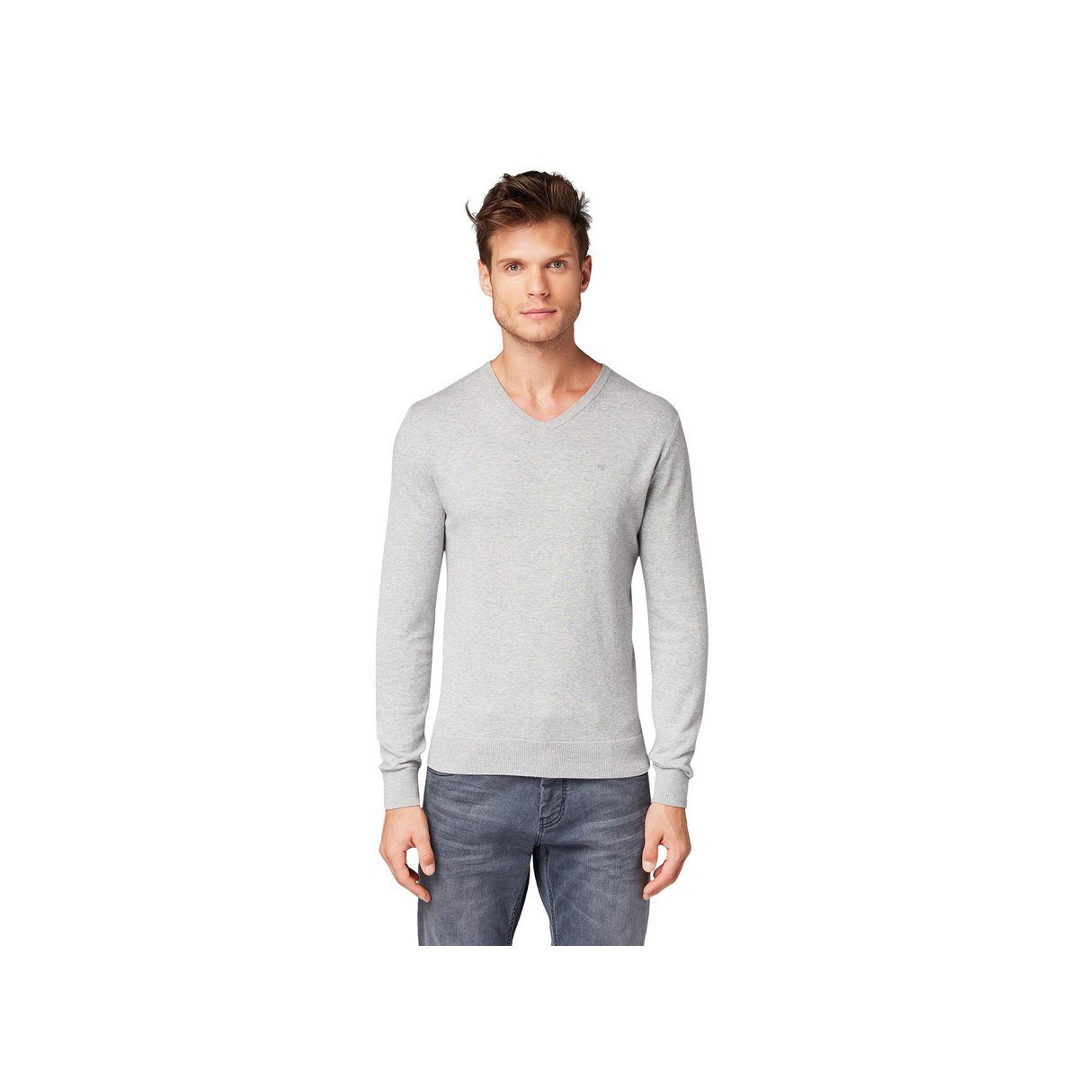 TOM TAILOR Supremo V-Ausschnitt-Pullover uni regular (1-tlg) light soft grey melange