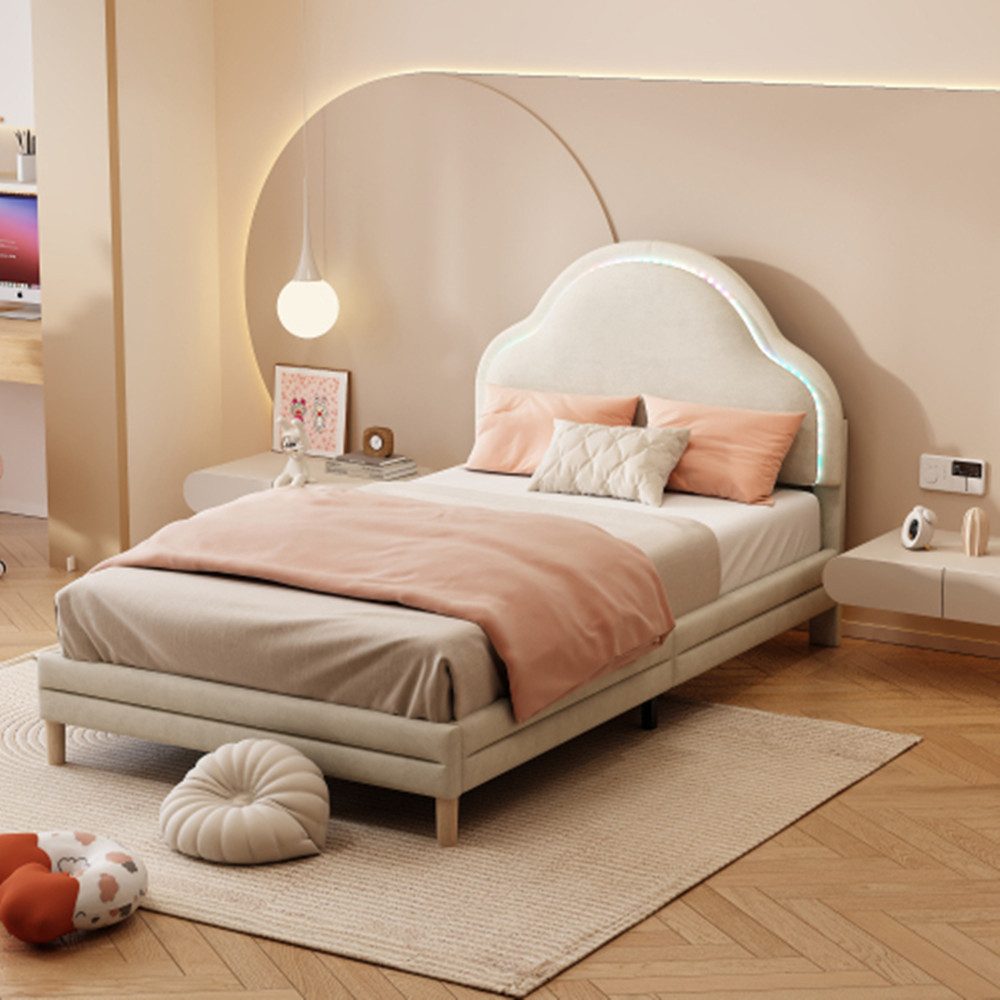 XDeer Polsterbett Polsterbett mit Kopfteil in Wolkenform, mit mehrfarbigen, wechselnden LED-Streifen, Kinderbett mit Holzlatten, Einzelbett, Samt