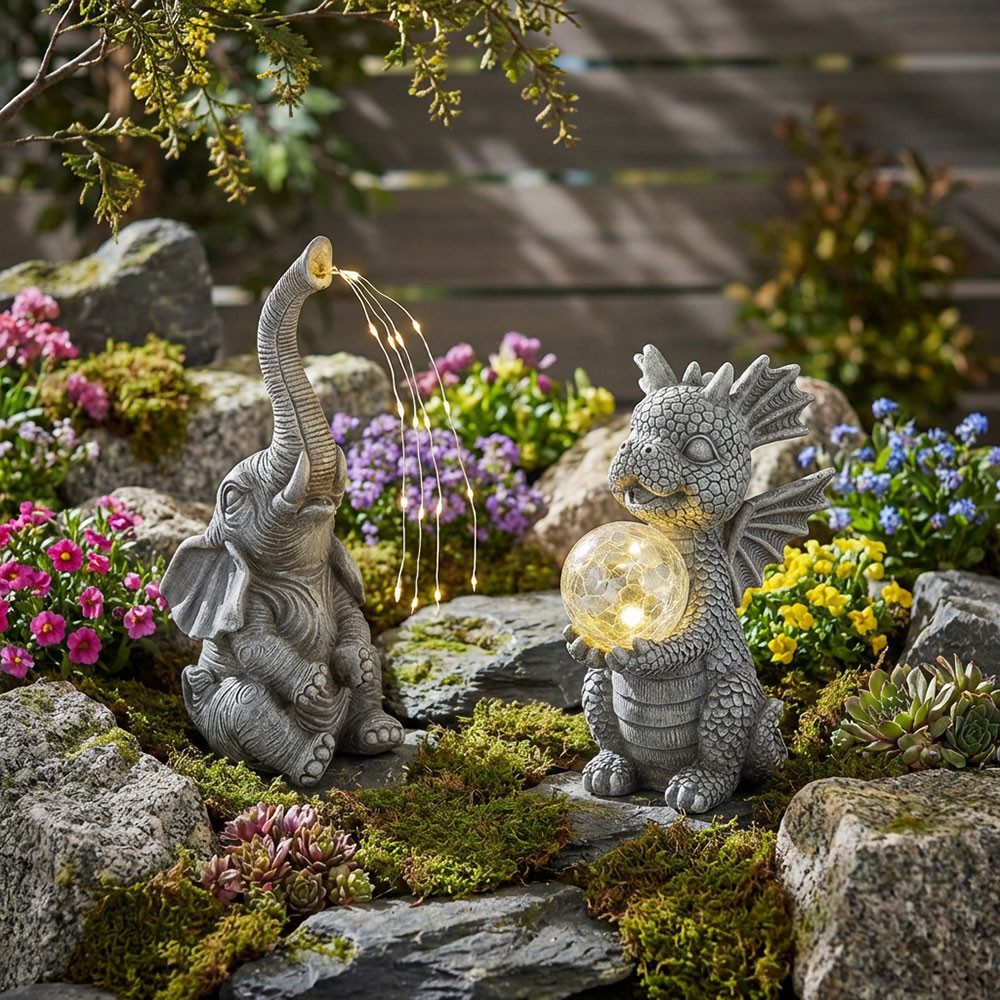 GLOBO LIGHTING LED Dekofigur, LED-Leuchtmittel fest verbaut, Solarleuchte Außenlampe Drache Elefant LED grau Gartendeko 2er Set