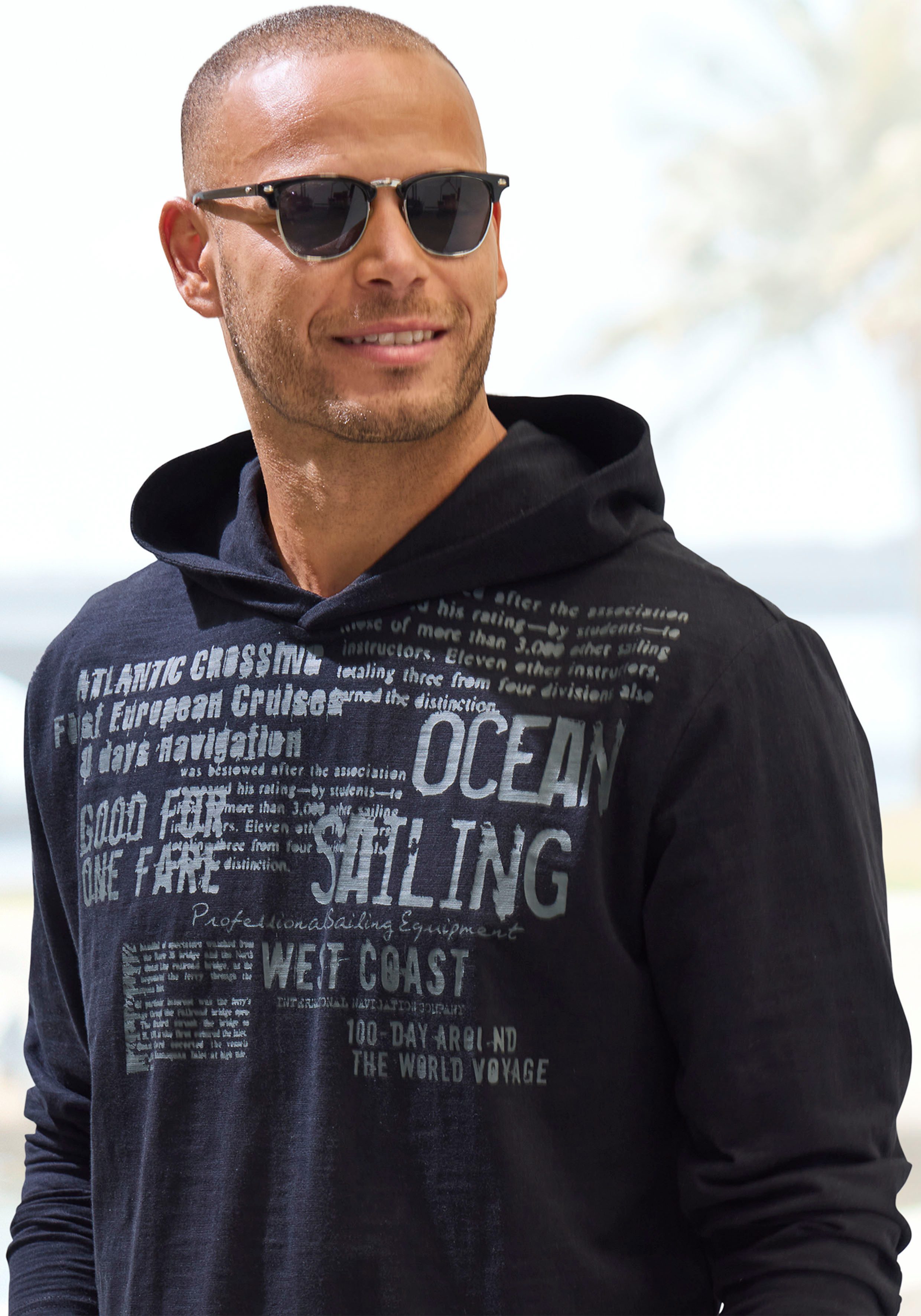 John Devin Kapuzenshirt Langarmshirt bedruckt mit Kapuze aus strukturierter Baumwoll-Qualität