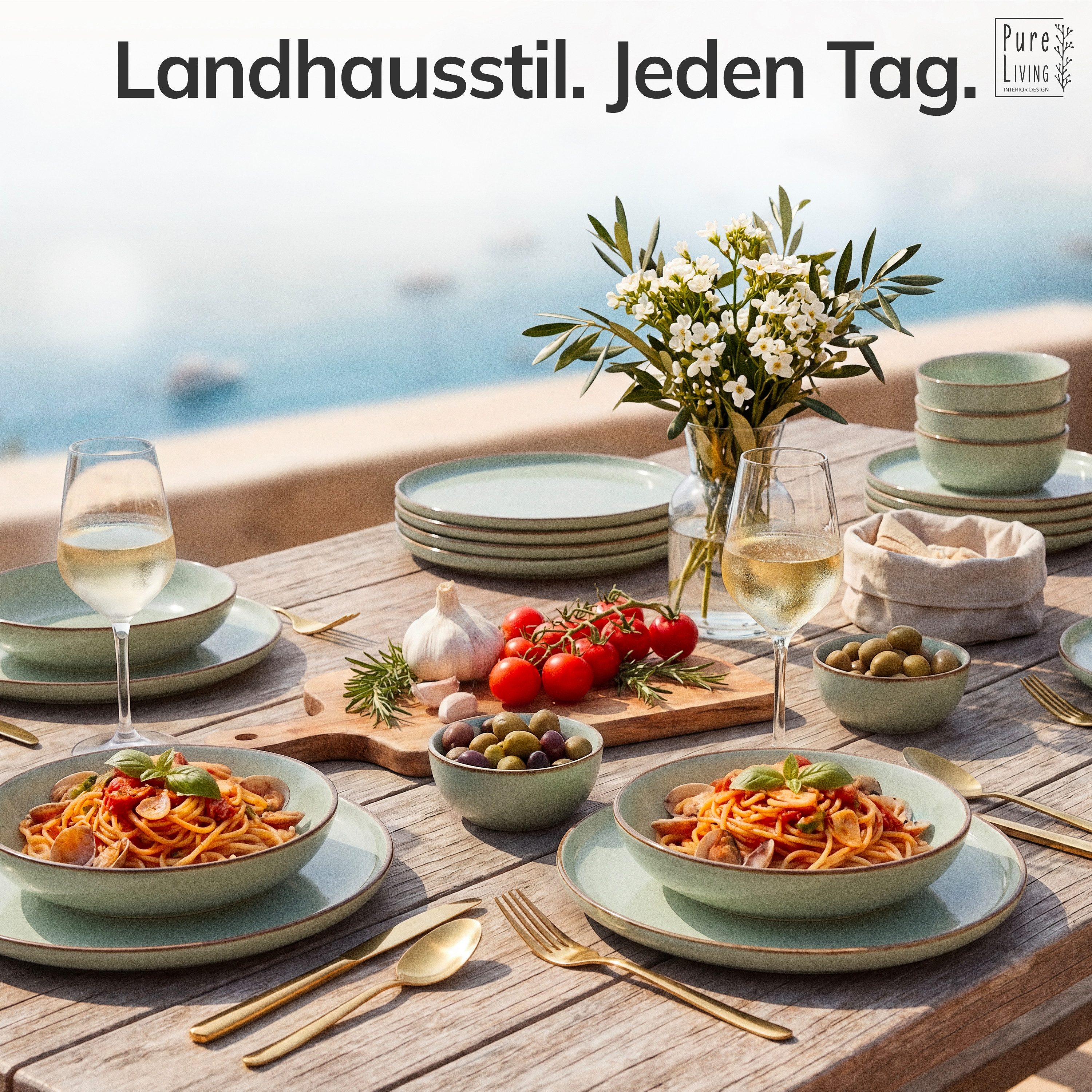 PURE LIVING INTERIOR DESIGN Geschirr-Set Pure Living Dessertteller 6er 20cm »Rustic«, Steingut, Mintgrün, 6 Personen, Steingut, Authentischer Landhausstil, Reaktive Glasur – jedes Stück ein Unikat,…