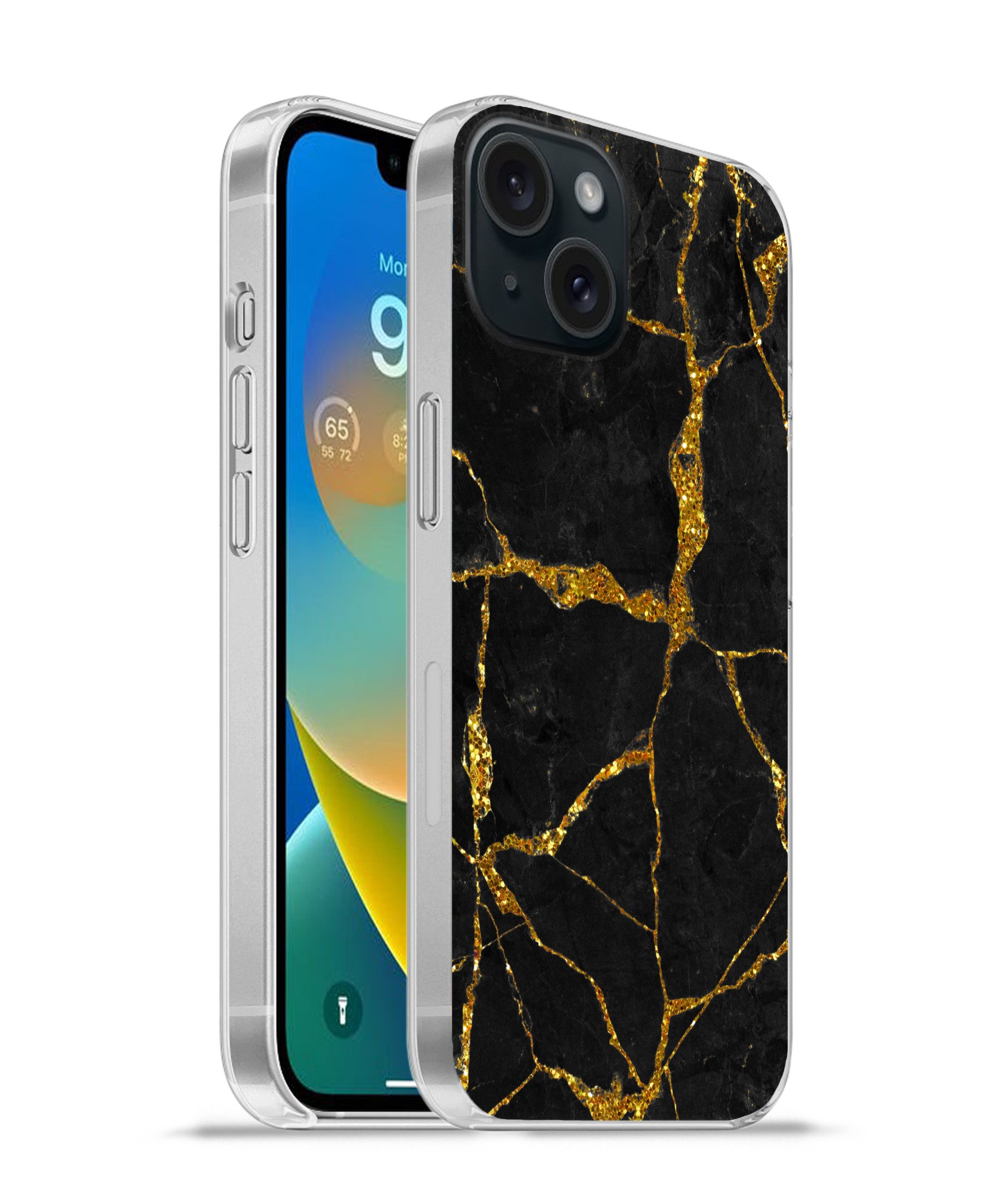 MuchoWow Handyhülle für Apple iPhone 15 Marmor - Gold - Schwarz - Marmoroptik - Glitter, Smartphone-Bumper, Print, Handy Schutzhülle Dünn