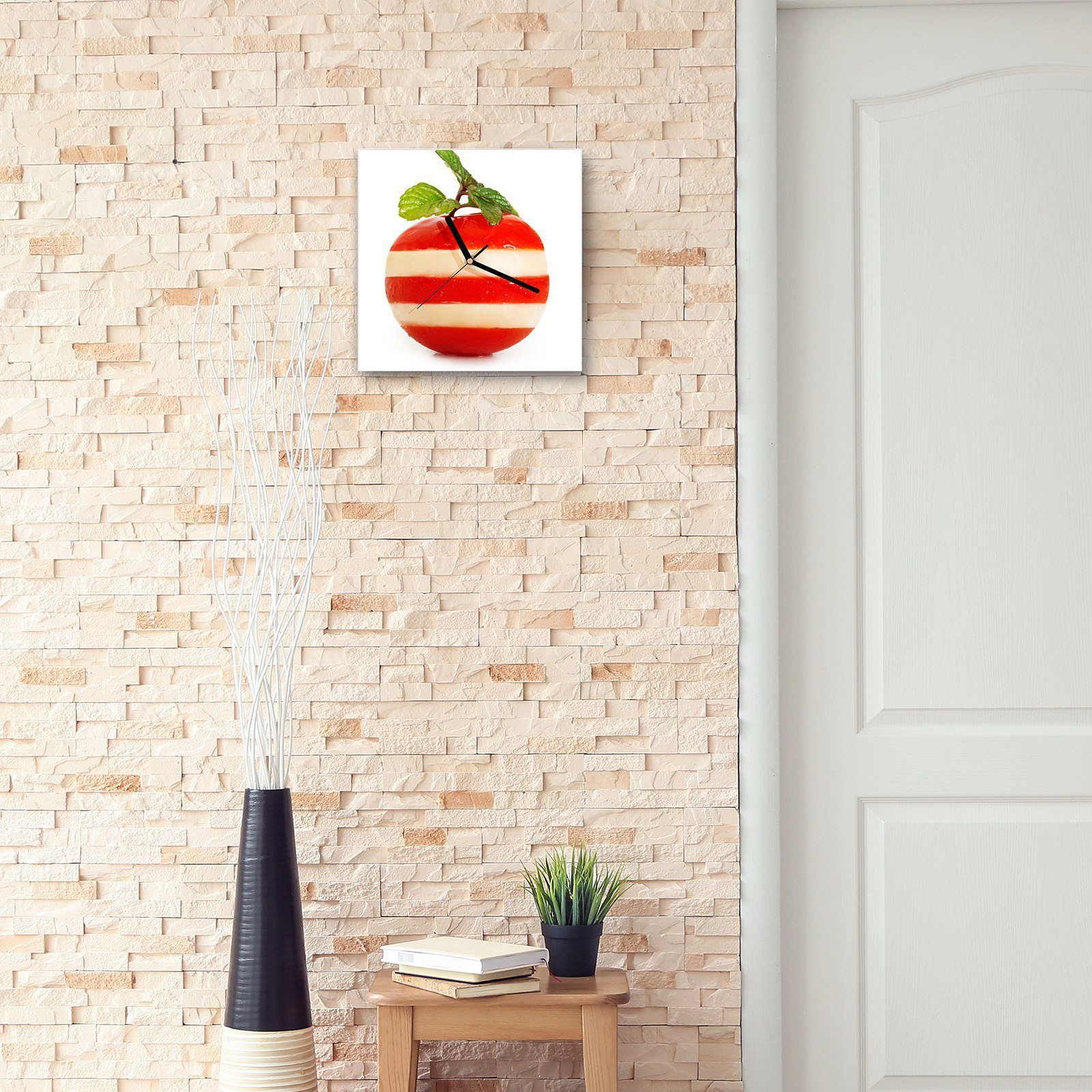 Apfelform Mozzarella Glasuhr 30 30 mit Wandkunst Wanduhr Größe Tomaten Primedeco Motiv Wanduhr cm x