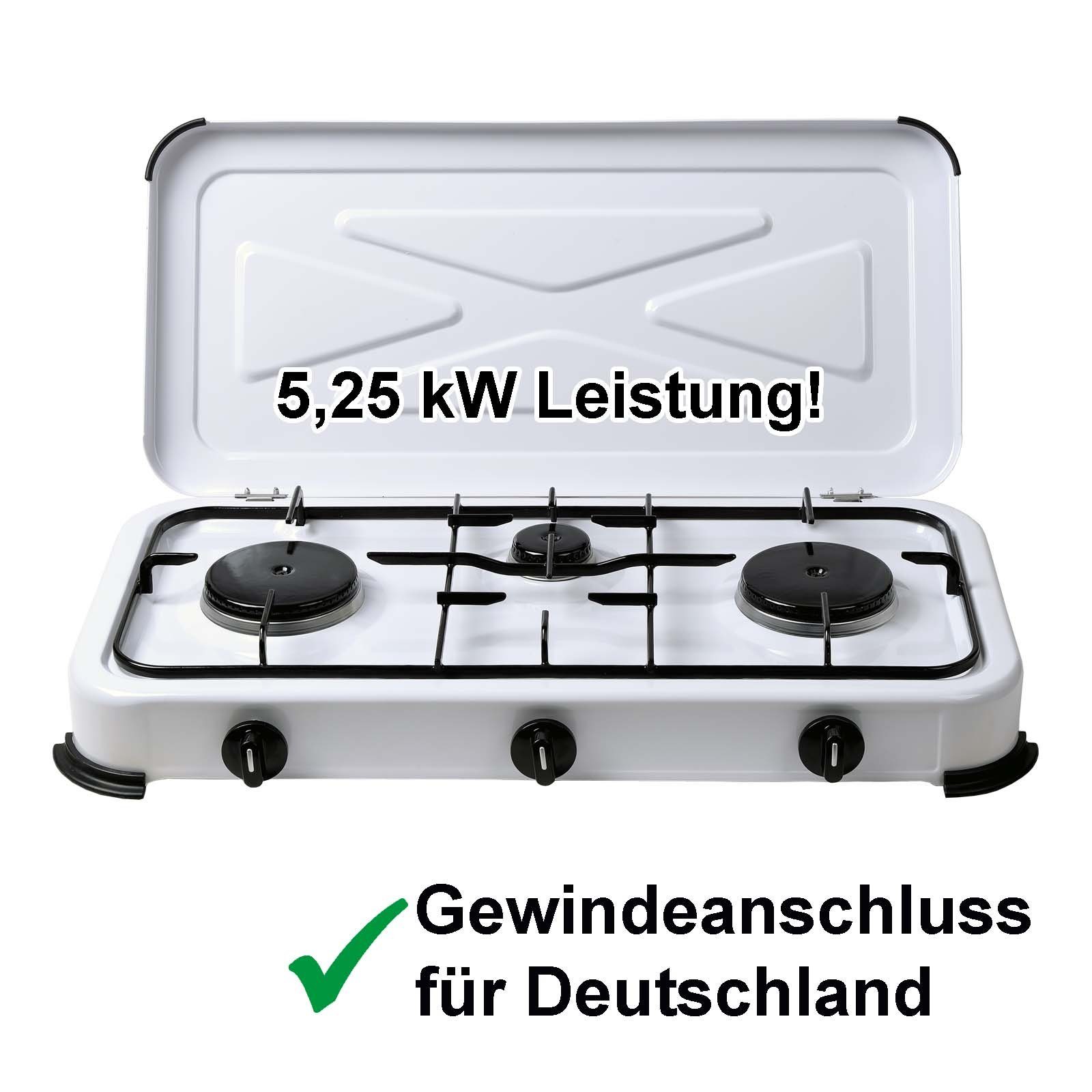 BlueCraft Gaskocher 3 flammig 50mbar Propan Gas Campingkocher 5,25 kW Gas-Kochfeld Gasherd, Camping Gas Kocher 3 flammen für Gasflasche