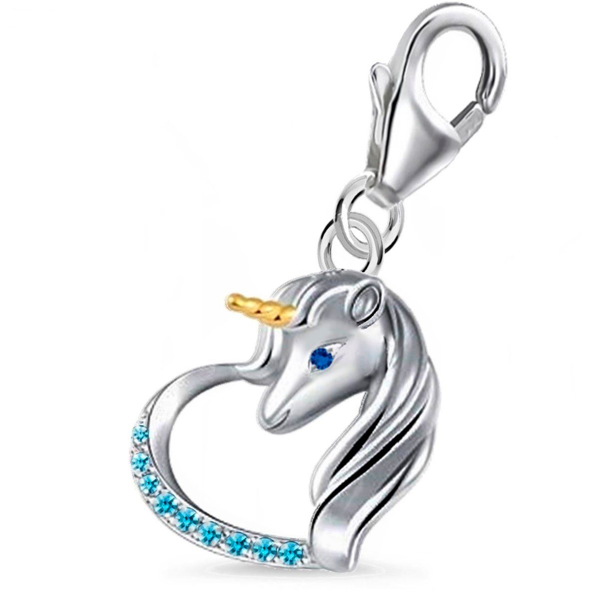 Goldene Hufeisen Charm Kristall Pferd Herz Einhorn Karabiner Charm Anhänger 925 Silber mit Zirkonia, Rhodiniert / anlaufgeschützt Blau