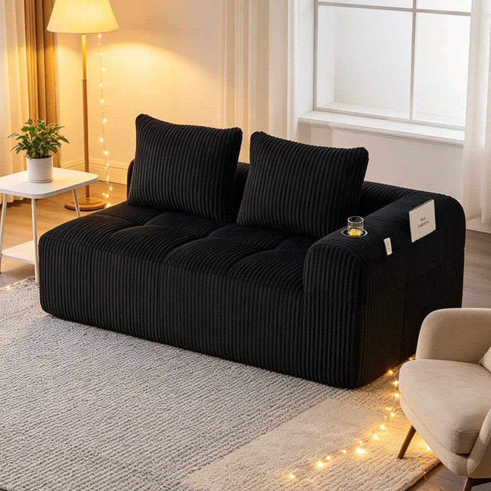 MODFU Sofa Cord-Kompaktsofa, mit seitlicher Tasche für Handy & Fernbedienung, integrierter Getränkehalter