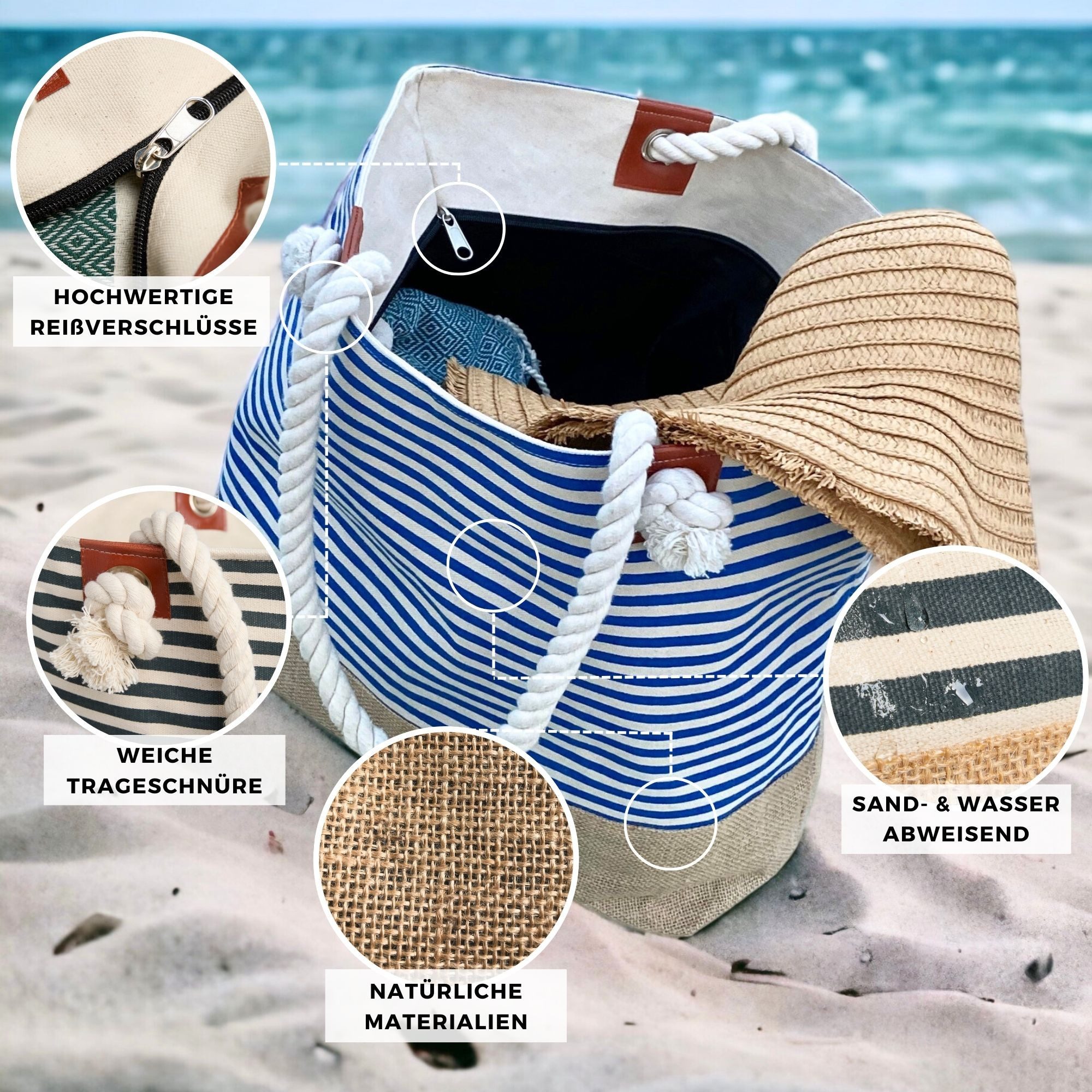 furora HOLIDAY Strandtasche Badetasche mit Reißverschluss & 2x Innentaschen, Beach Bag XXL