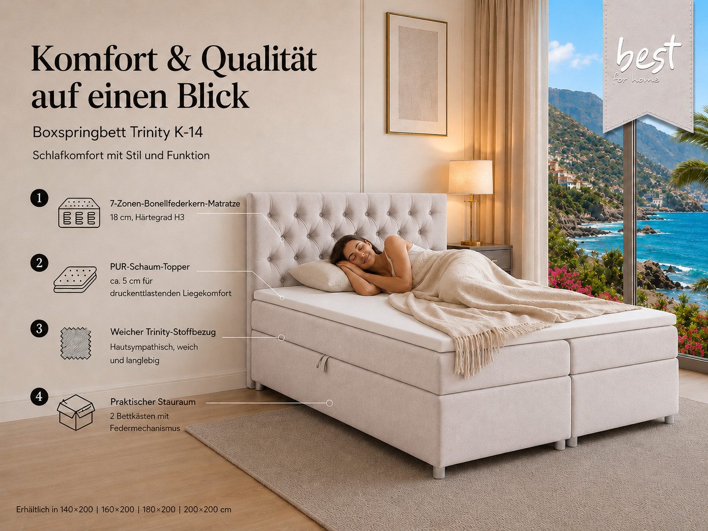 Best for Home Boxspringbett Trinity K-14 mit 7-Zonen-Matratze und Stauraum (Boxspringbett-Set, 1-St., Boxspringbett-Set inklusive Matratze, Topper und Bettkästen), 7-Zonen-Matratze, PUR-Schaum-Topper, gepolstertes Kopfteil