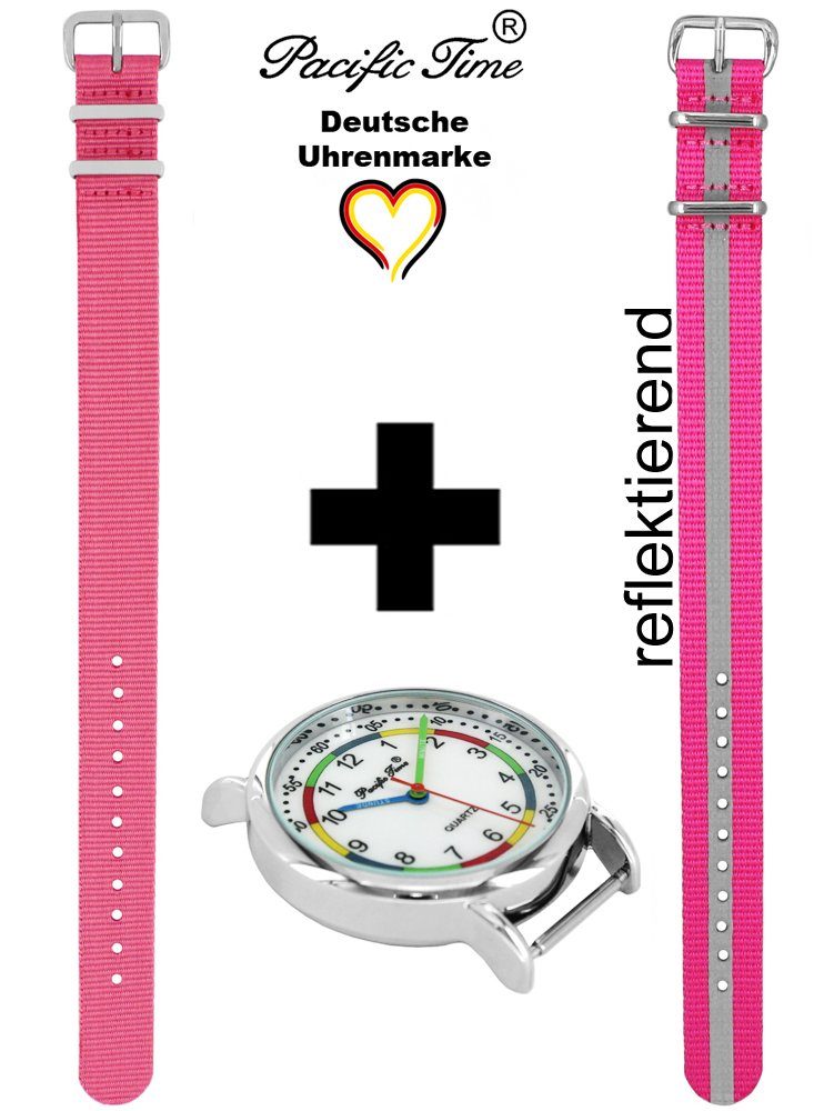 First pink Design Versand Quarzuhr Gratis Kinder Reflektor rosa Armbanduhr Set Wechselarmband, und - Mix und Time Match Pacific Lernuhr
