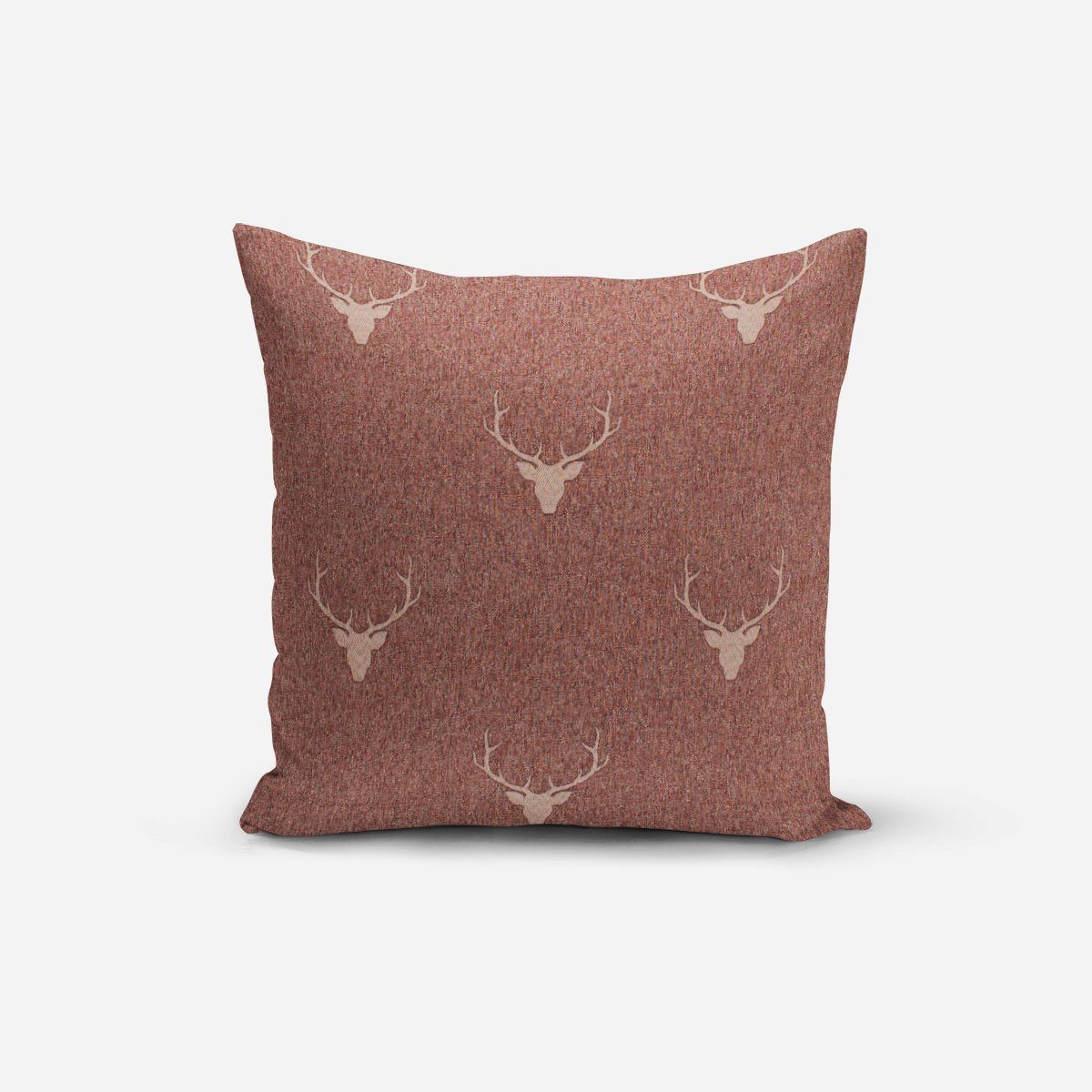 SCHÖNER LEBEN. Dekokissen Kissenhülle Jacquard Hirschkopf Geweih rotbraun beige, made in Germany,handmade,doubleface,vorgewaschen