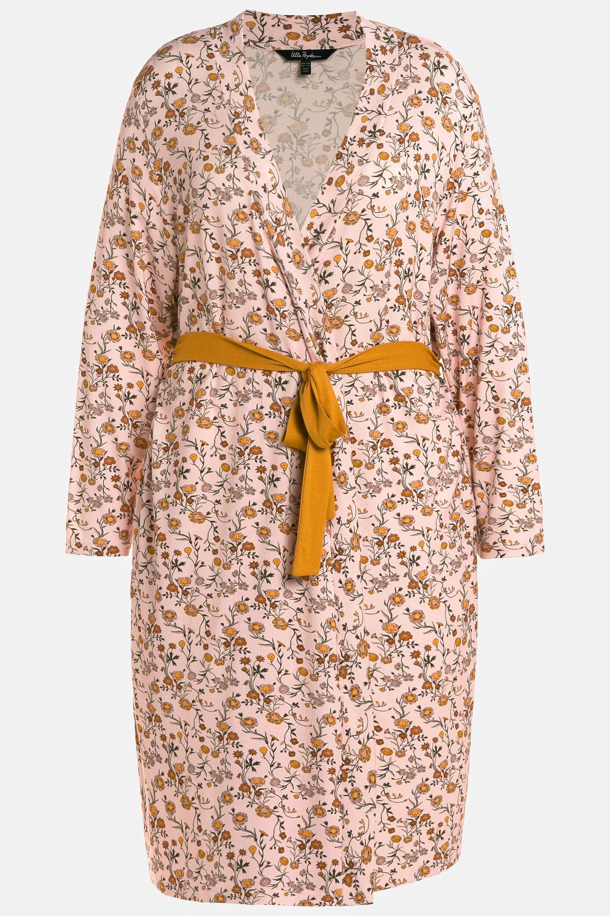 Ulla Popken Schalkragen Langarm, Kimono Kimono Materialmix Form ca. offene Blüten Oberschenkel, Mitte