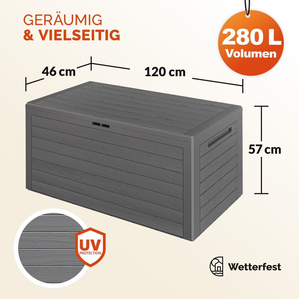 Casaria Auflagenbox Woody (1 St), 280L UV-beständig Griffmulden Verschließbar Balkon Holz-Optik Grau