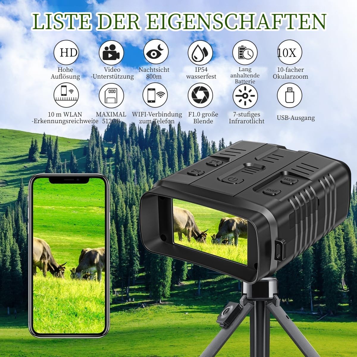 Tekoo Nachtsichtgerät Digitales Nachtsichtgerät 4K, 800m Sicht, 10x Zoom & 850nm IR, 4K Video & 42MP Fotoauflösung, 10-fach Digitalzoom