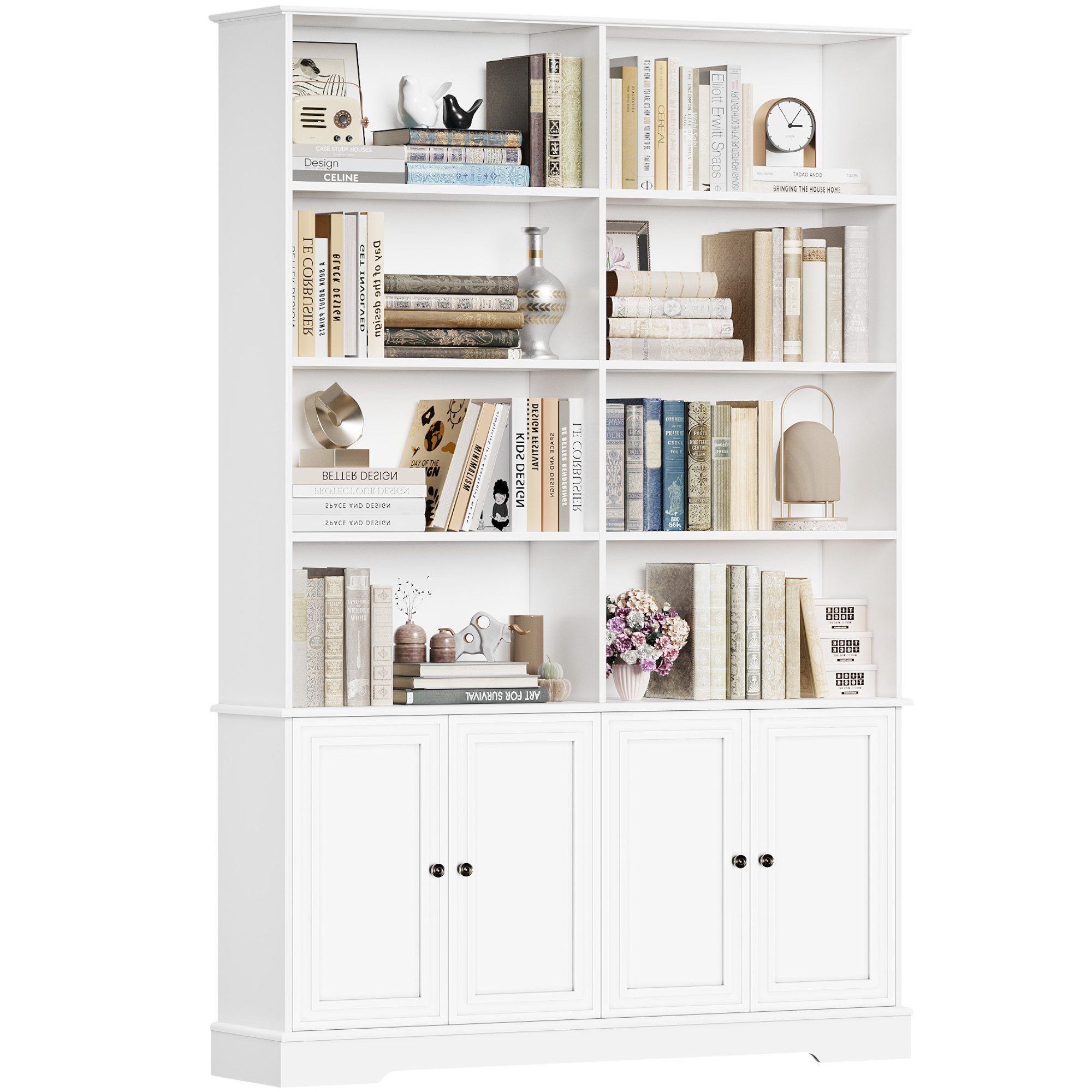 Homfa Bücherregal 185 cm hohes Bücherschrank Standregal Büroregal, Bücherregal mit 4 Türen 8 offenen Fächern Büroregal Holz 185x120x27cm