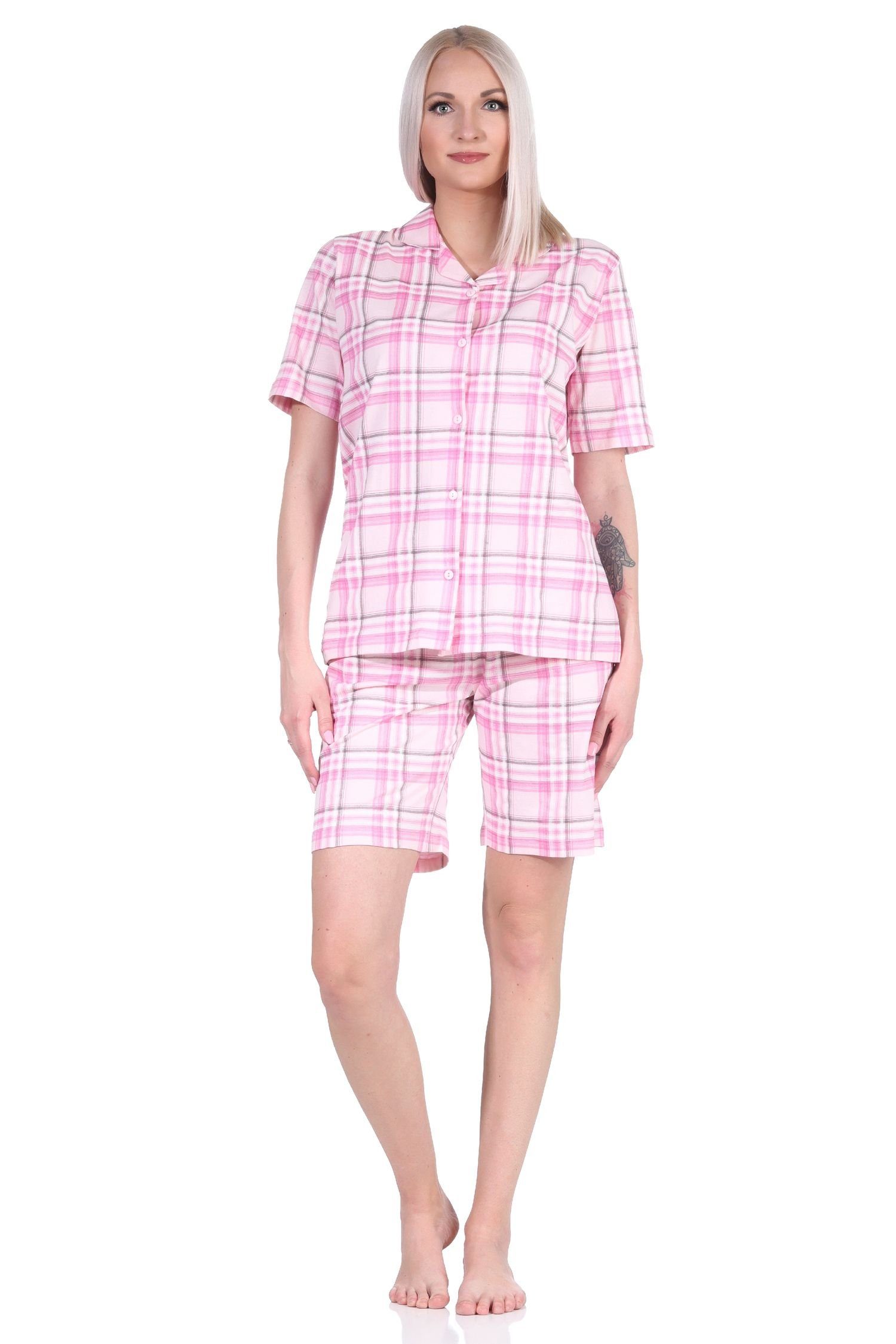 Normann Pyjama Damen kurzarm Shorty Pyjama aus Jersey zum durchknöpfen in Karo-Optik rosa | Shortys