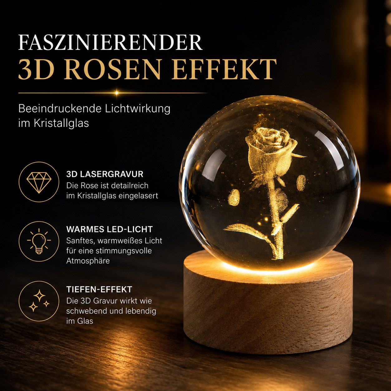 formano LED Dekolicht Kristallkugel Rose 3D LED Holzsockel Glas Kugel 8 cm eingelasert, LED fest integriert