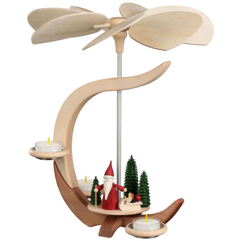 Seiffener Volkskunst Weihnachtspyramide Pyramide C-Form Weihnachsmann mit Schlitten, 30 cm