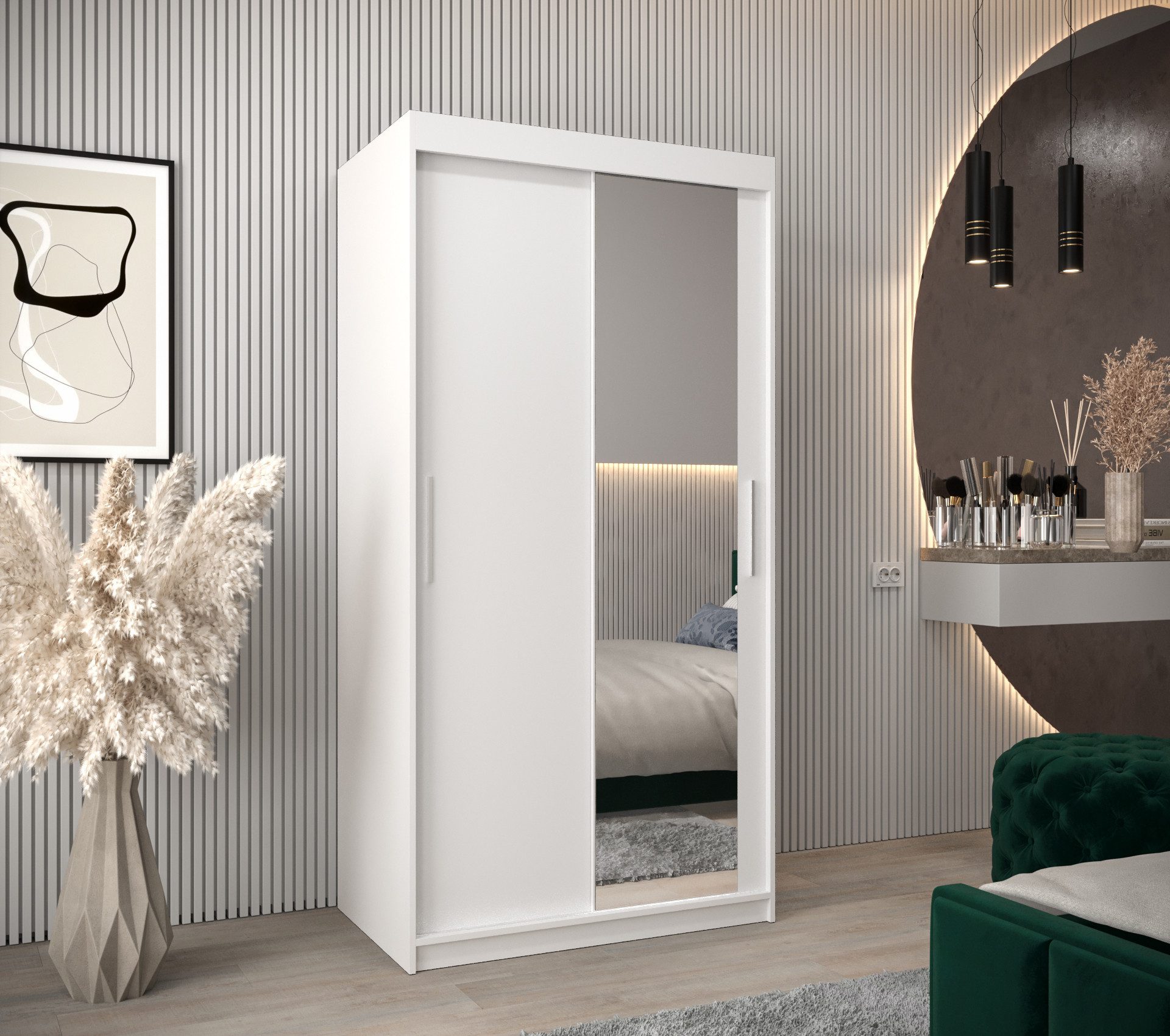 MOEBLO Schiebetürenschrank TORM 2 (Schrank mit Spiegel, mit/ ohne Schubladen, Schwebetürenschrank Schrank Garderobe Schiebtüren Schlafzimmer Wohnzimmerschrank) (BxHxT):100/120/150/180/200/250x200x62 cm