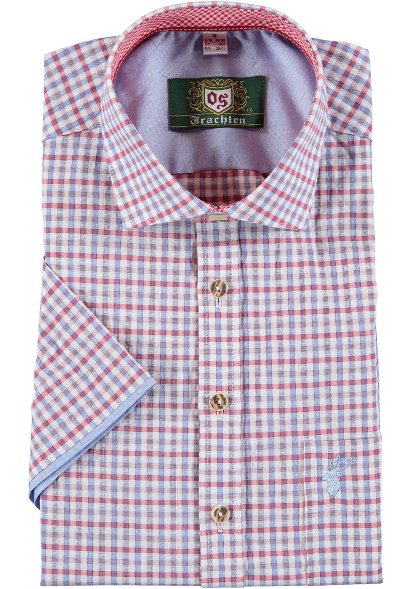 OS-Trachten Trachtenhemd Gafoo Herren Kurzarmhemd mit Hirsch-Stickerei auf der Brusttasche mittelrot