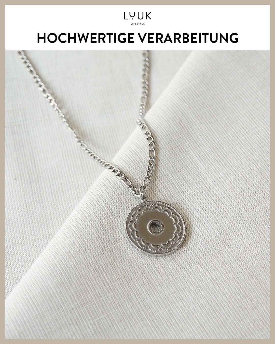 Silber Edelstahl Vintage Halskette, Münze Kreis, LUUK LIFESTYLE Anhänger Edelstahlkette