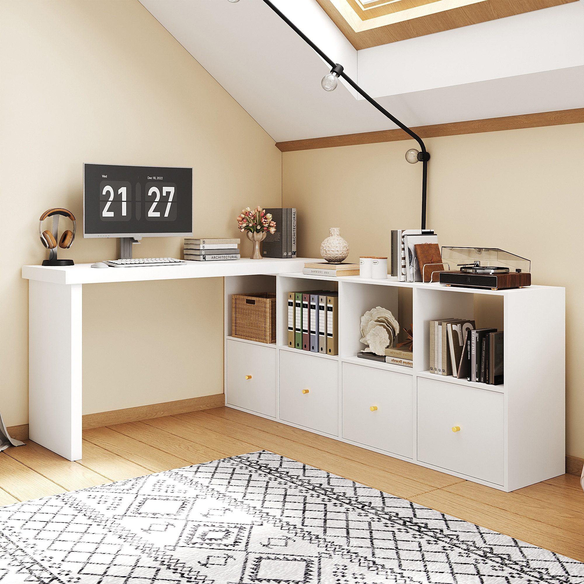 BlingBin Eckschreibtisch L-förmiger Ecktisch mit 360° schwenkbarer Tischplatte aus MDF (1er Set, 1-St., Schreibtisch 120 × 48 × 78 cm, Sideboard 140 × 35 × 74 cm), gerade aufstellbar, 4 Fächer und 4 Schubladen als Computerschreibtisch