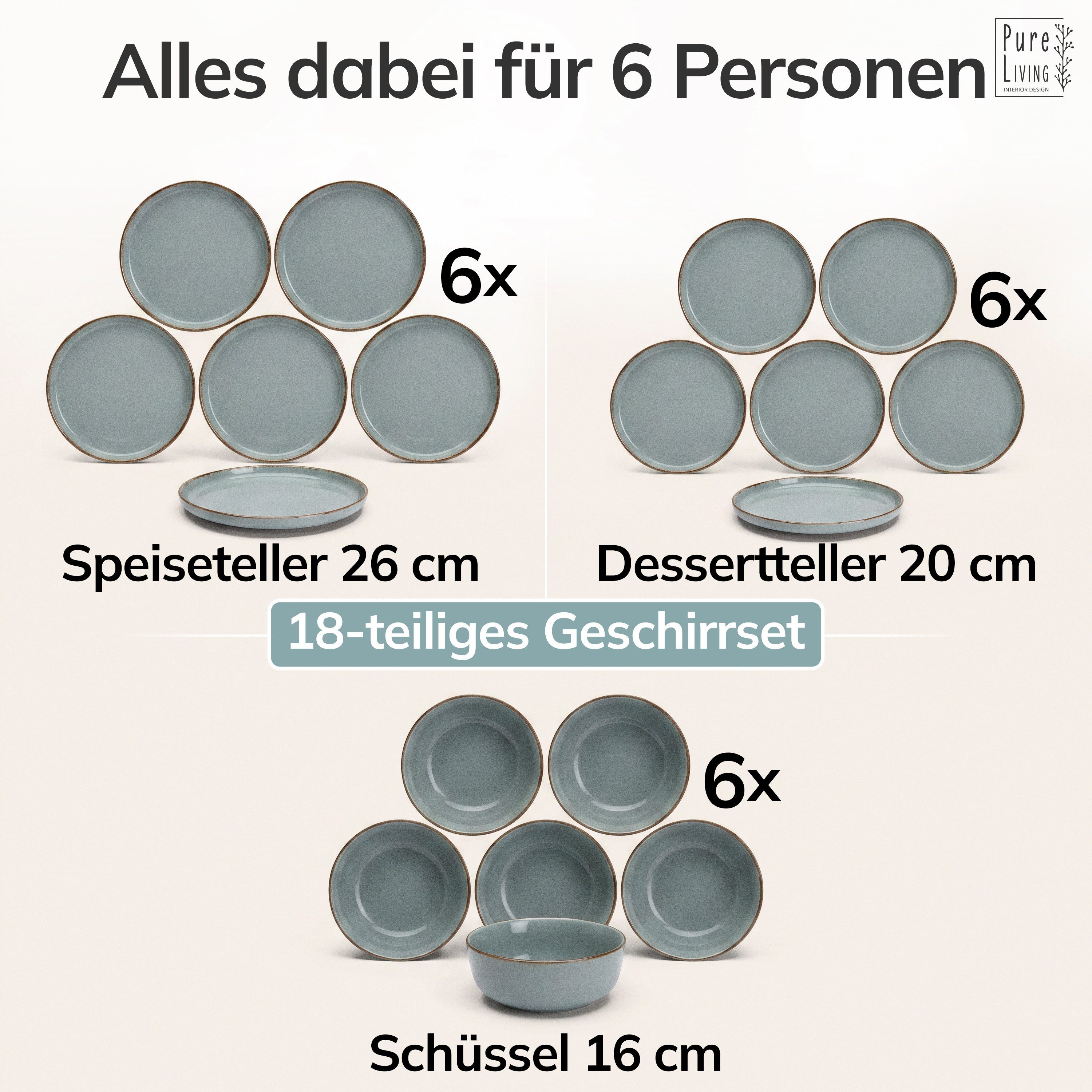 PURE LIVING INTERIOR DESIGN Geschirr-Set Rustic aus Steingut, 18-tlg., für 6 Personen, Rauchblau (18-tlg), 6 Personen, Steingut – Bild 5 von 5