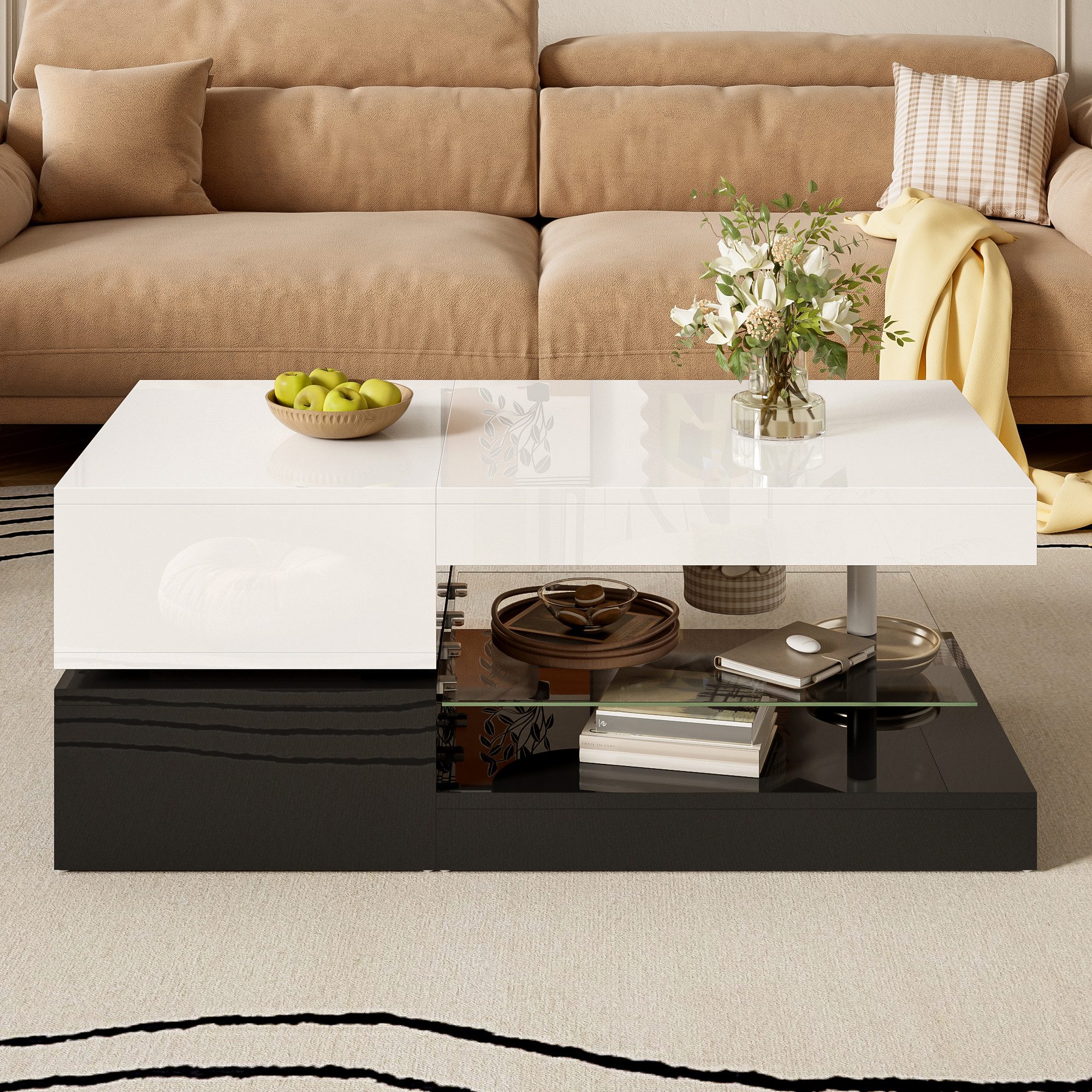 Merax Couchtisch Beistelltisch mit LED-Beleuchtung und APP- & Bluetooth-Steuerung (Schwarz-Weiß-Design, 90 L x 45 B x 35,5 H (cm), 1-St), Sofatisch Wohnzimmerti – Bild 4 von 5