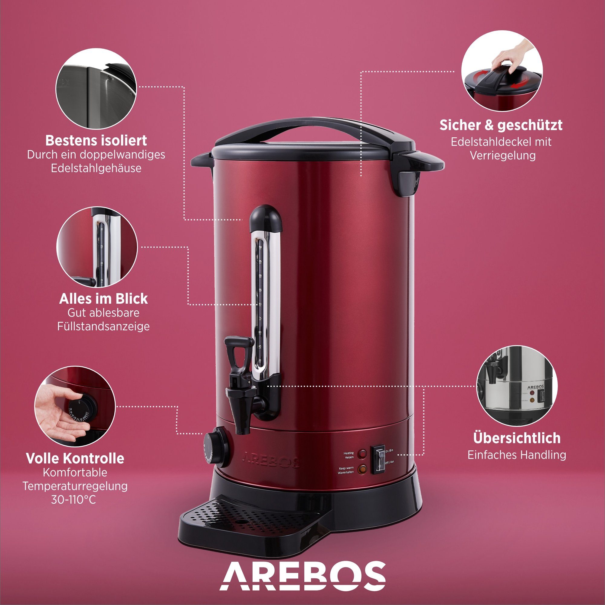 Arebos Einkoch- und Glühweinautomat rot 3 20 1650,00 L, Überhitzungsschutz, 30-110°C, Temperatureinstellung W Farben