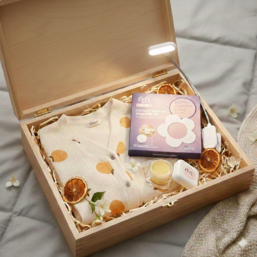 NuNi Erstausstattungspaket Schlummer-Stillset, das perfekte Geschenk zur Geburt für die Mama (Set, 1 Pyjama, 1 NuNi Slim, 1 Nachtlicht, 1 Lippenbalsam) seitliche Öffnung zum stillen, mit Orangenprint