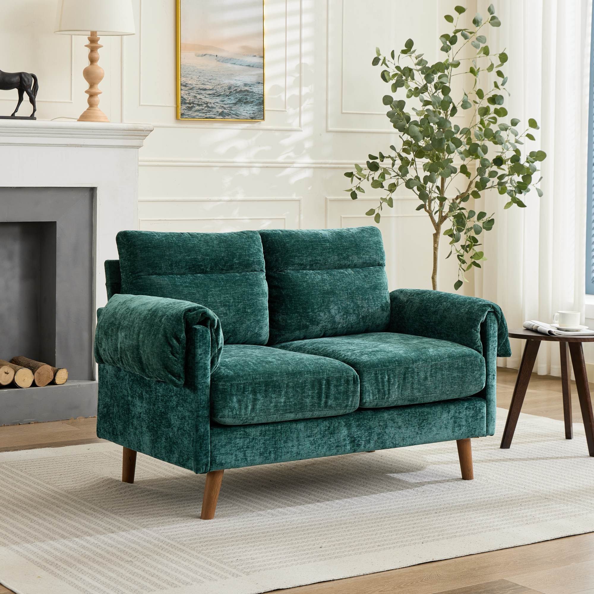 Odikalo 2-Sitzer Sofas wohnzimmer Loungesofa mit Holzbeinen, Kompaktes 2-Sitzer-Sofa aus Chenille kleine Mid-Century-Couch mit weichem Plüschstoff gepolsterten Kissen und Beinen aus Kunstholz platzsparendes Sofa für Wohnzimmer Schlafzimmer Apartment