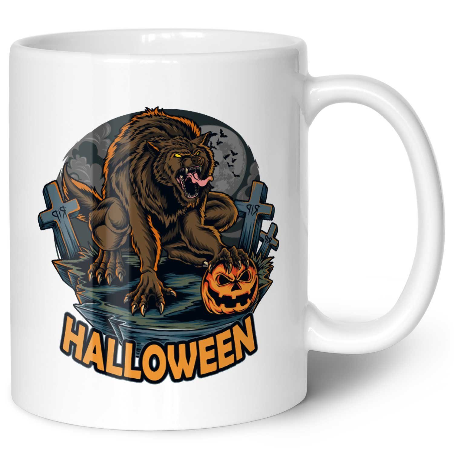 GRAVURZEILE Tasse mit Motiv im Halloween Werwolf Design, Keramik, Farbe: Weiß