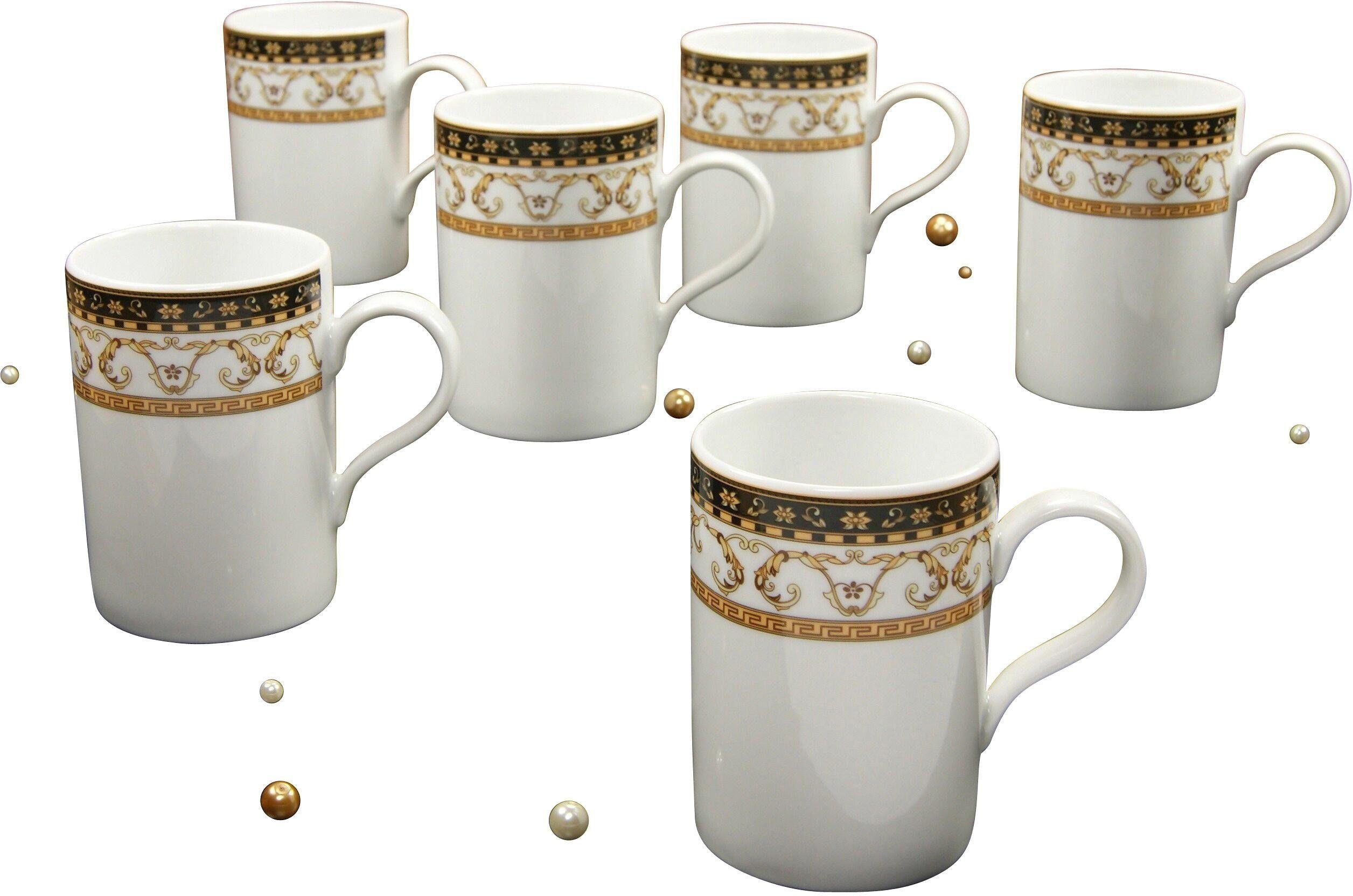 CreaTable Becher Kaffeebecher Majestosa, 6-tlg., Porzellan, Dekor schwarz abgesetzt, Tassen Set, 6-teilig