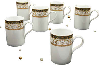 CreaTable Becher Kaffeebecher Majestosa, Porzellan, Dekor schwarz abgesetzt, Tassen Set, 6-teilig
