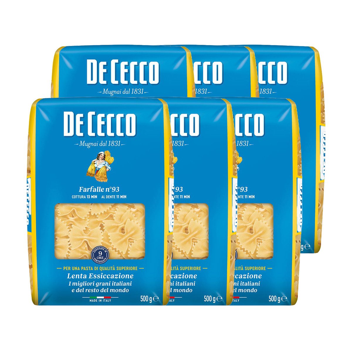 DE CECCO Nudeln, De Cecco Farfalle Nr 93 Nudeln aus Hartweizengriess 500g 6er Pack