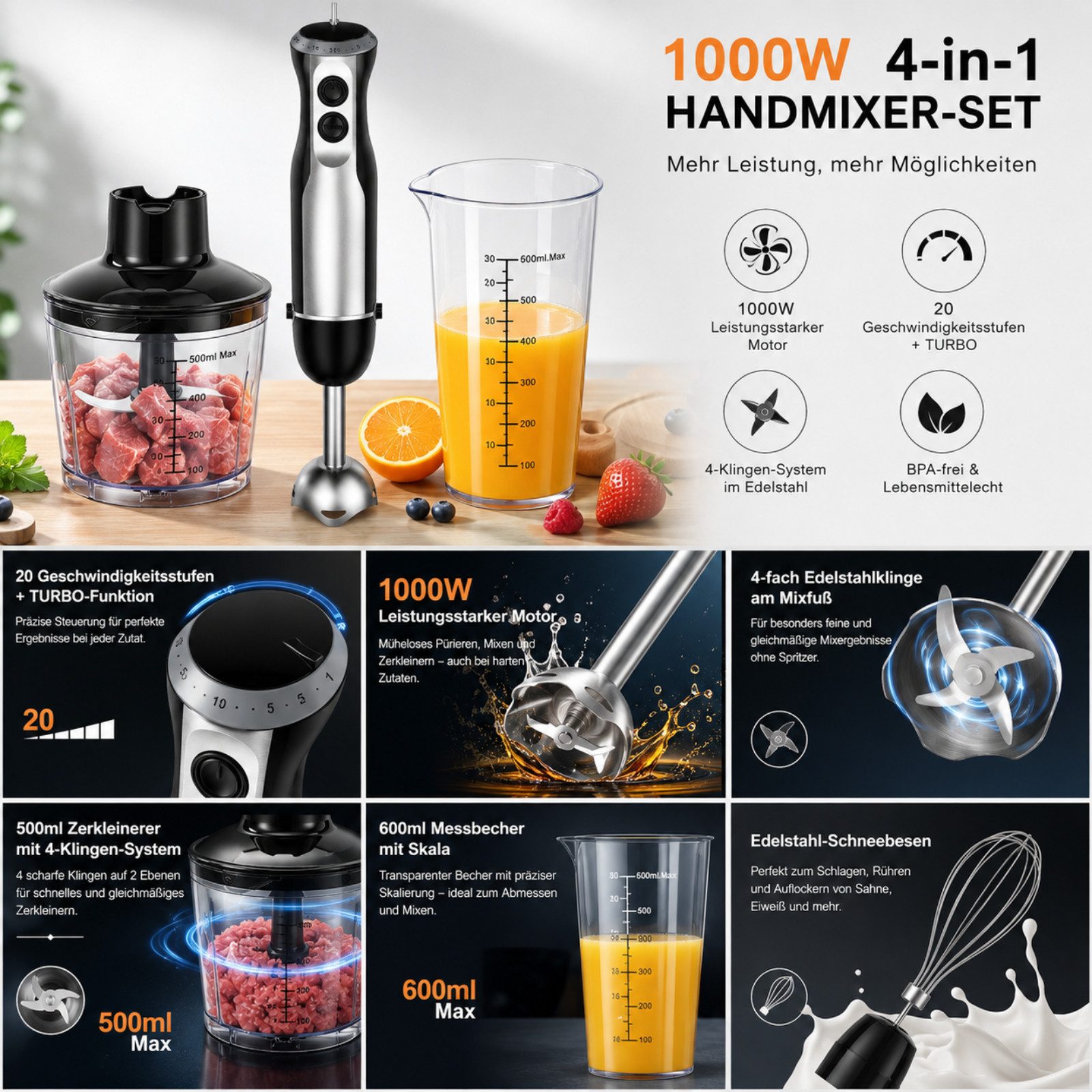 Luckice Stabmixer 1000W 4in1 Elektrisch Edelstahl Pürierstab mit 20 Geschwindigkeiten, 1000 W, TURBO-Taste für die Zubereitung von Soße,Babynahrung und Suppe