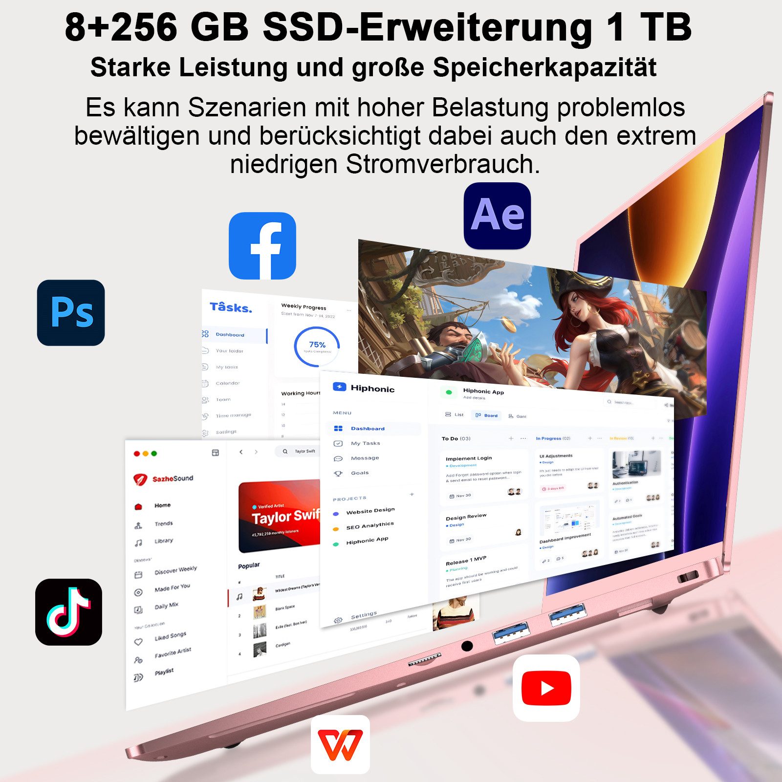 bvate 2026 14-Zoll-Laptop-Computer, 8 GB DDR4, Quad-Core N5095 CPU Notebook Notebook (OTHER, N5095, 8 GB, 256 GB SSD, 180° Drehung/Low Blue Light-Zertifizierung/Deutsche Tastaturaufkleber) goldfarben