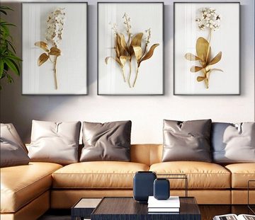 TPFLiving Kunstdruck (OHNE RAHMEN) Poster - Leinwand - Wandbild, Nordic Art - Goldene 3-D Blumen - (11 Motive in 5 verschiedenen Größen zur Auswahl - Bilder Wohnzimmer), Farben: Gold, Weiß - Größe: 21x30cm