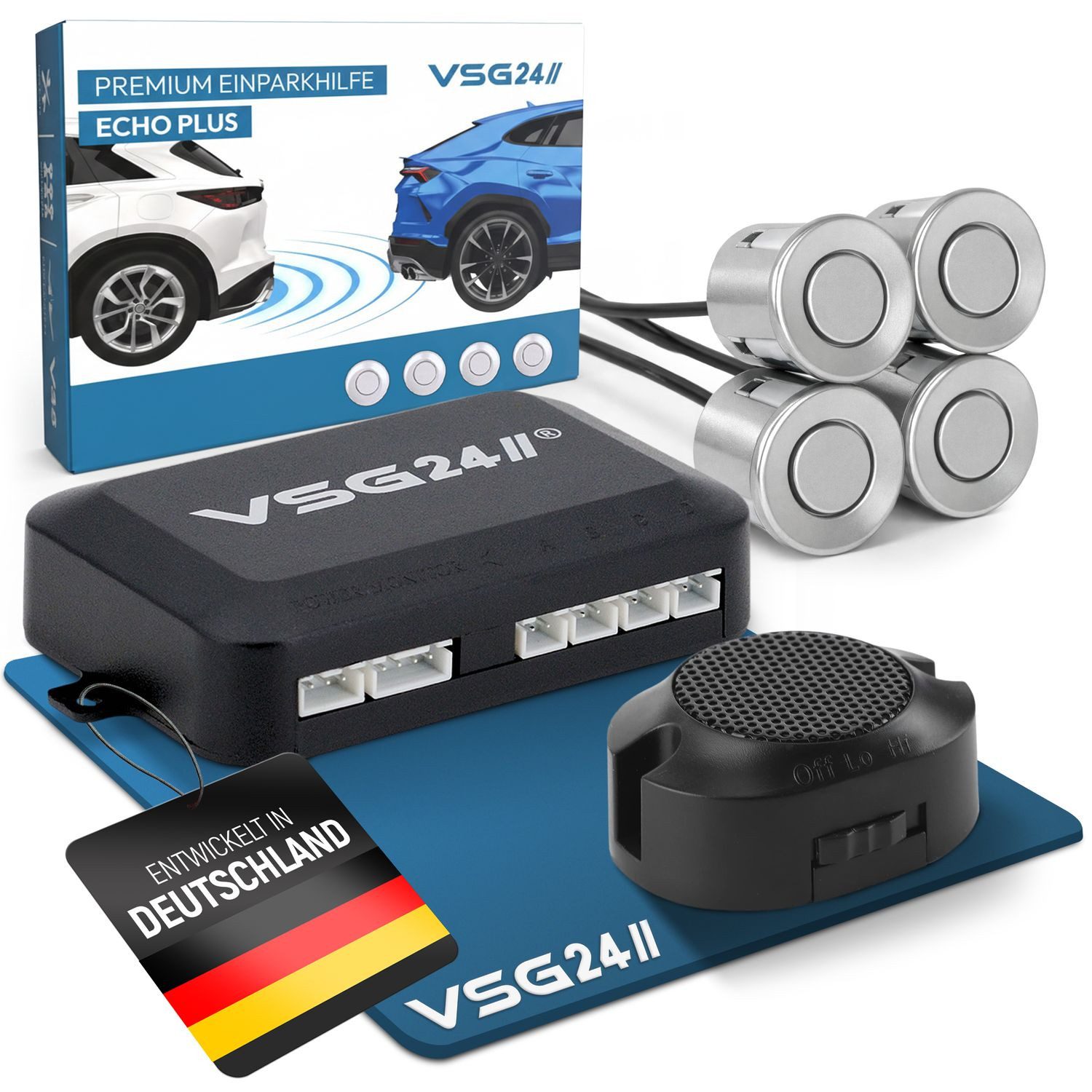 VSG24 Akustische Premium Einparkhilfe ECHO PLUS Parkhilfe zum nachrüsten PDC Rückfahrkamera (Rückfahrwarner mit Lautsprecher & 4 Sensoren Stecksystem Nachrüstsatz)