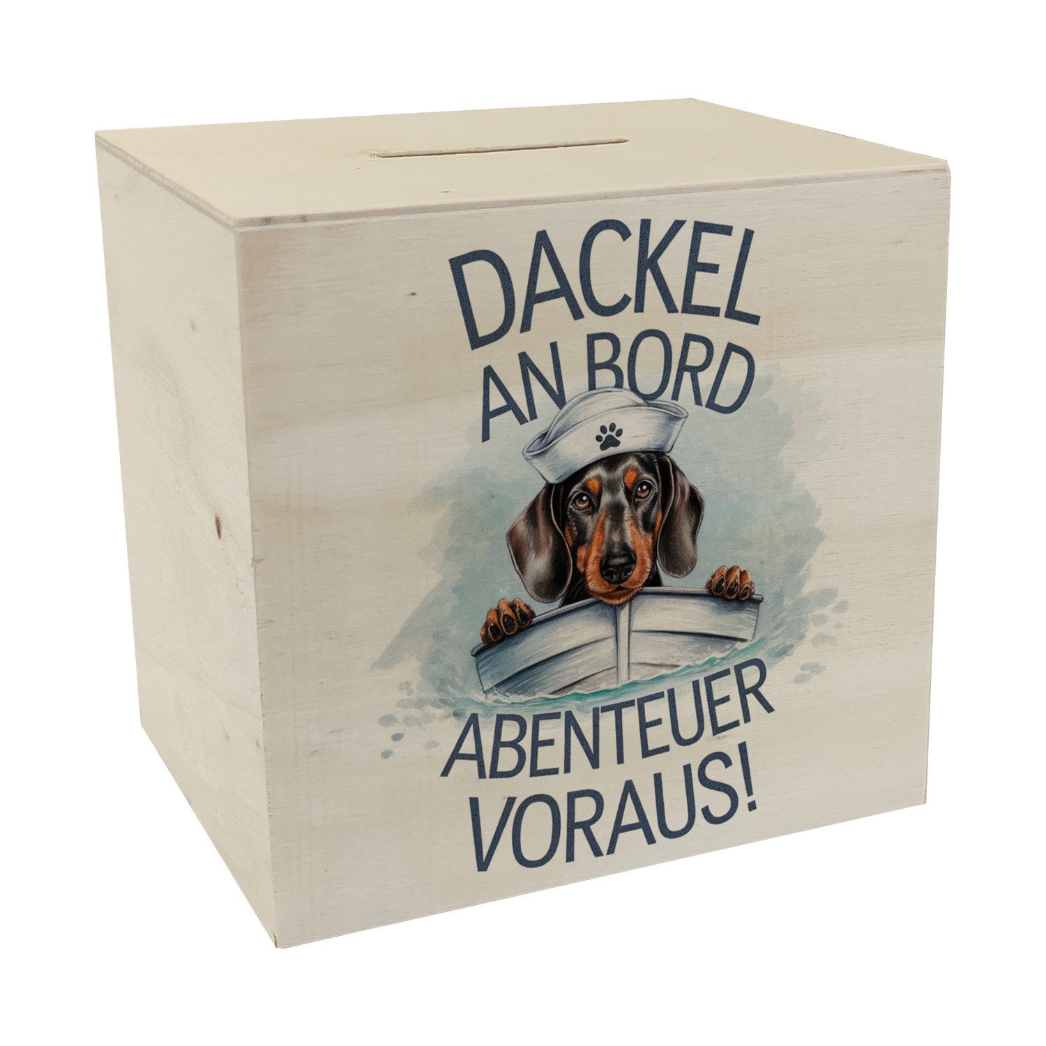 speecheese Spardose Matrosen Dackel im Boot Spardose aus Holz - Abenteuer voraus