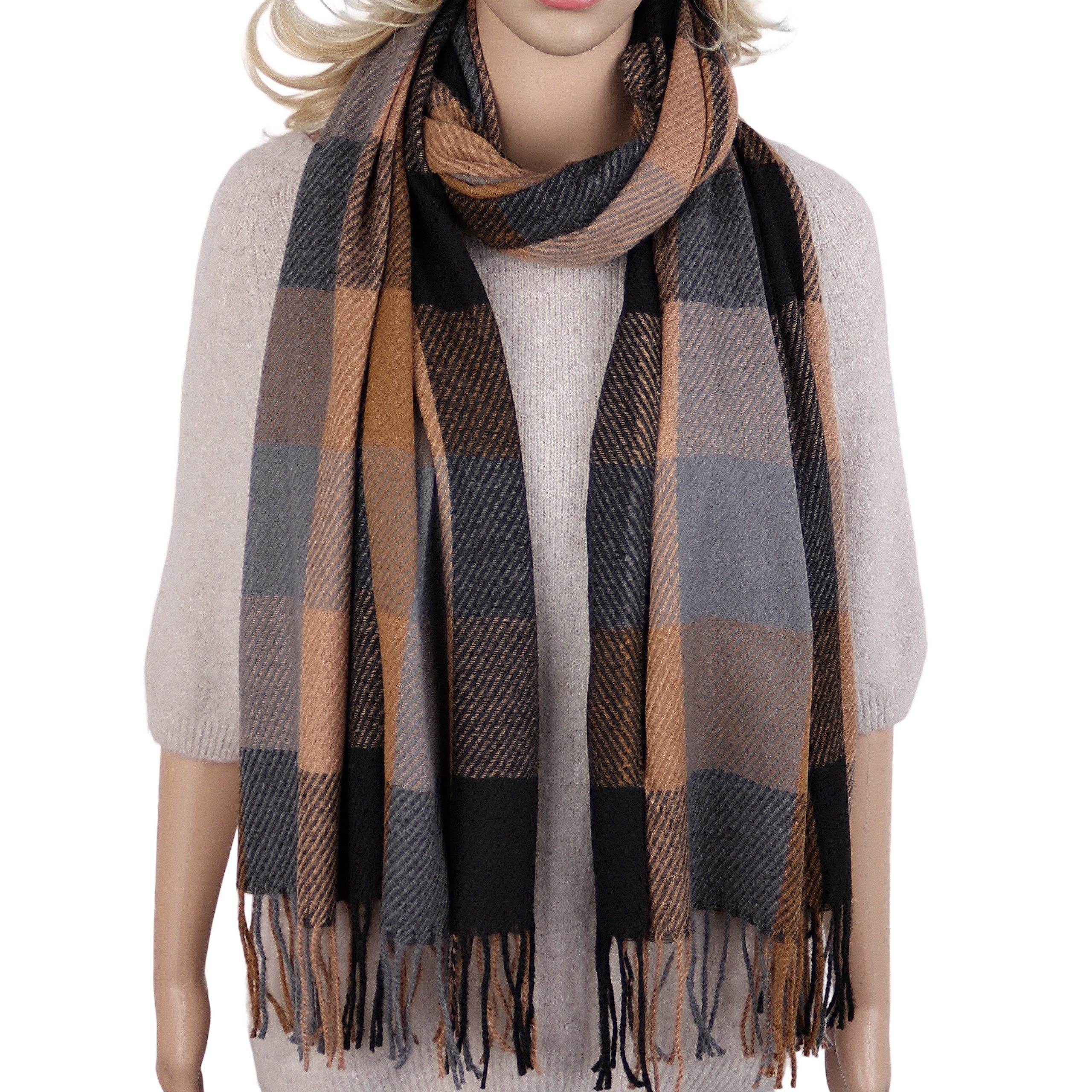 MIRROSI Modeschal Damen Schal 70x180 cm kariert, superweich,aus 100% Viskose, (Neue Kollektion Herbst/Winter 2026), 100% Viskose mit Fransen, Karomuster & zeitlosem Look