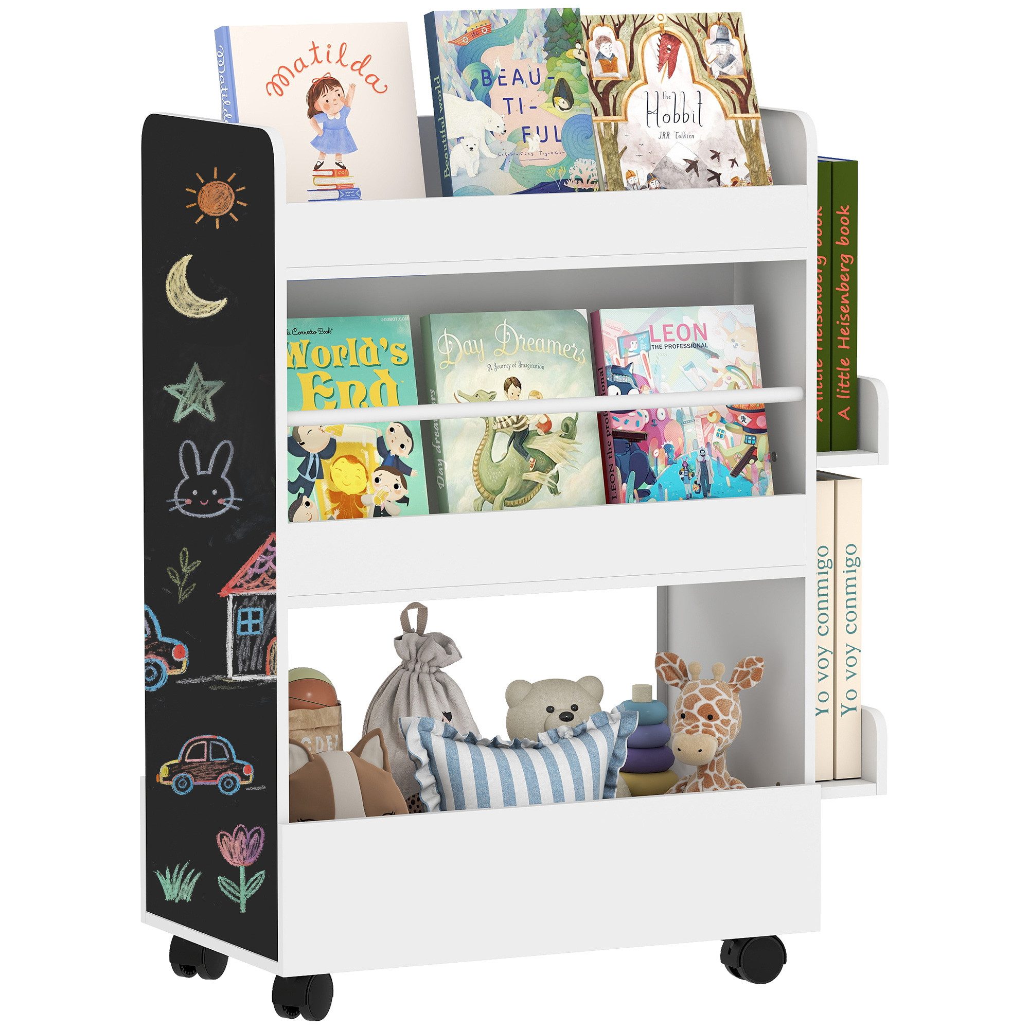 AIYAPLAY Regal doppelseitiges Kinderregal mit 4 Regalen, Bodenfach, 2 Seitenteile, Kinder Bücherregal 1-tlg., mit Tafel, Rollen, für Kinderzimmer, Spielzimmer, für 3–8 Jahre, Weiß