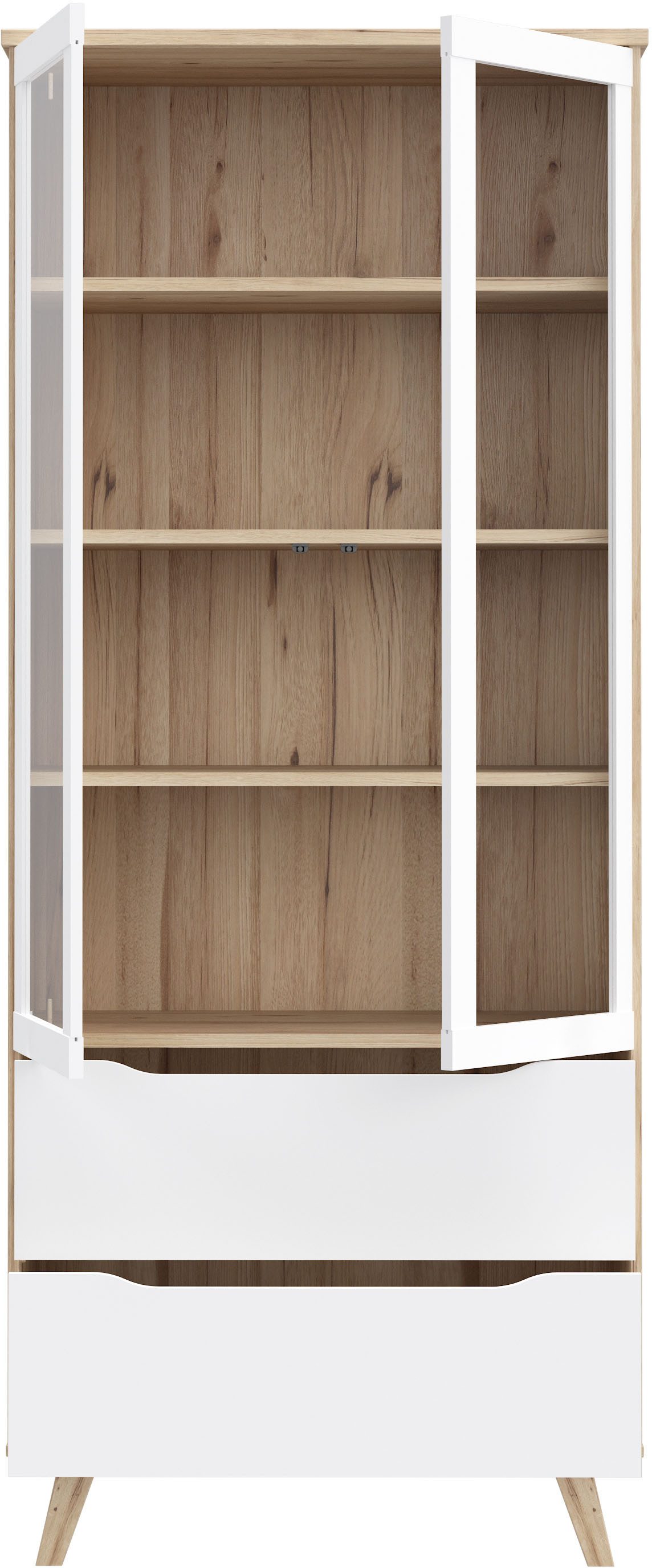 FORTE Vitrine Vankka Stauraumvitrine (B/H/T 84,7/201,5/41,7 cm) 2 Glastüre, Grifflos, zeitloses Design, 2 Schubkästen