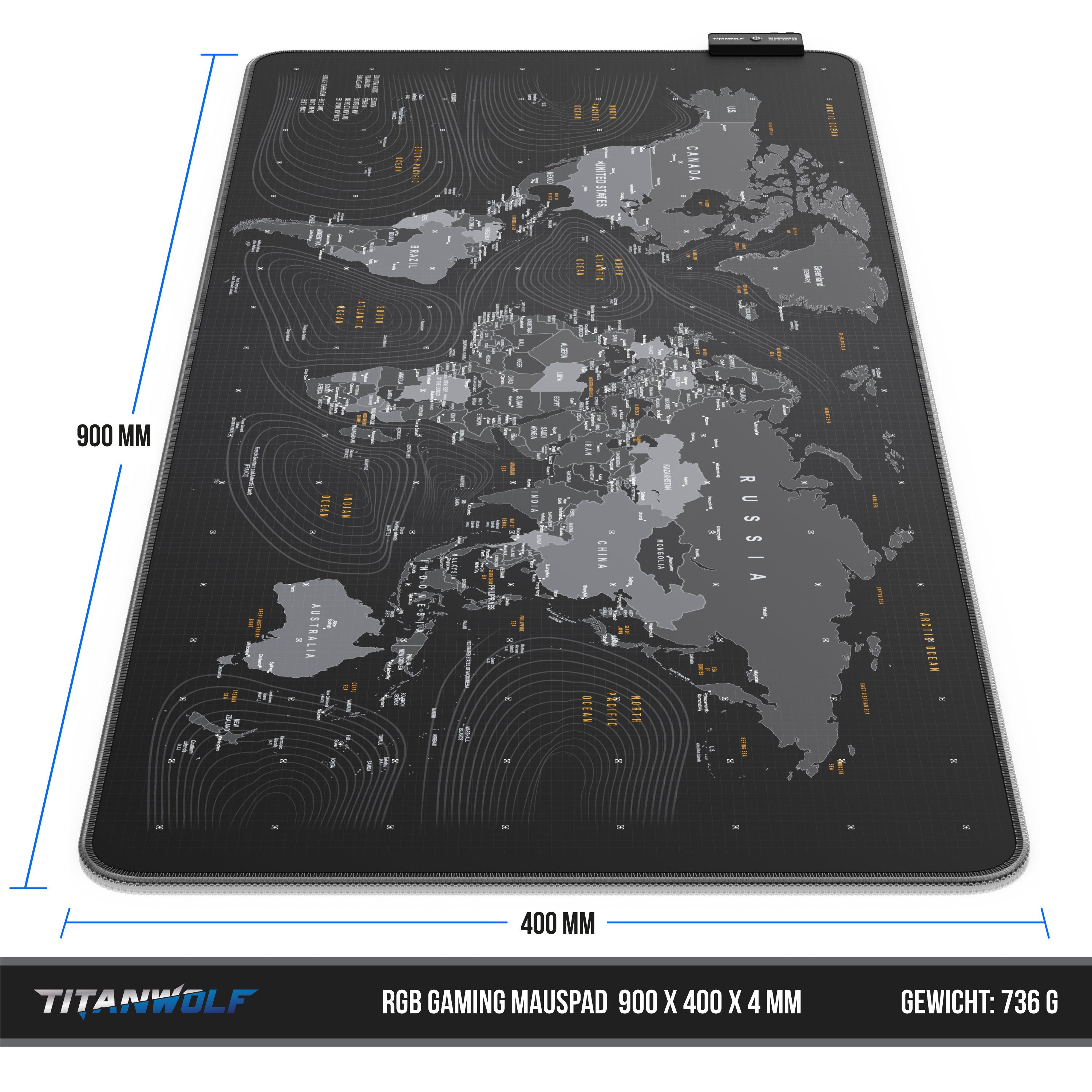 Titanwolf Gaming Mauspad RGB Mousepad 900 x 400 x 3 mm, LED Multi Color XXL Tischunterlage, rutschfest, abwaschbar, Geschwindigkeit & Präzision, Weltkarte Globa – Bild 2 von 5