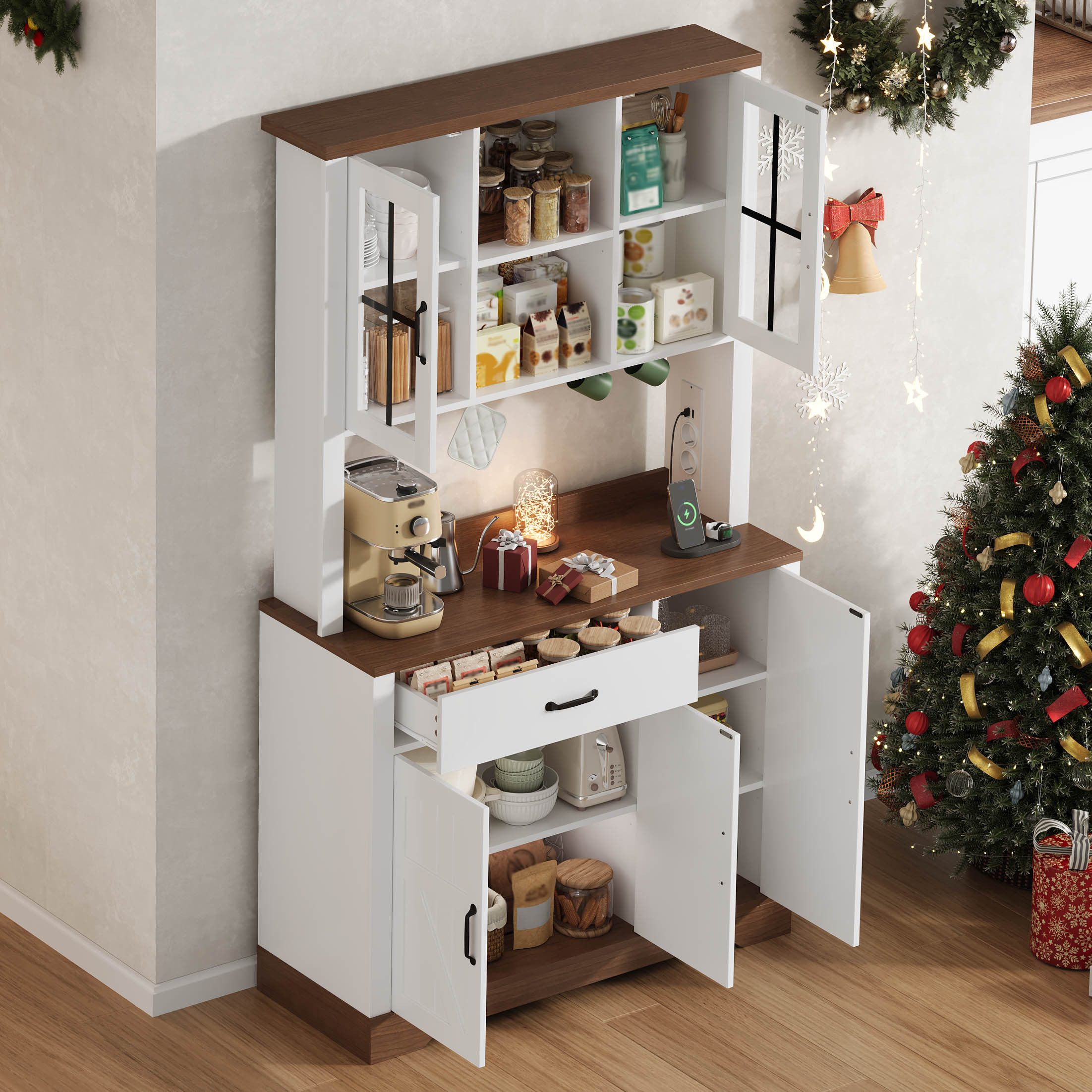 Flieks Küchenbuffet mit Arbeitsplatte in Walnussholzfarbe, Steckdosen und LED-Beleuchtung (1-St., B105/T40/H185 cm) Hochschrank Küchenschrank mit verstellbaren Einlegeböden Weiß