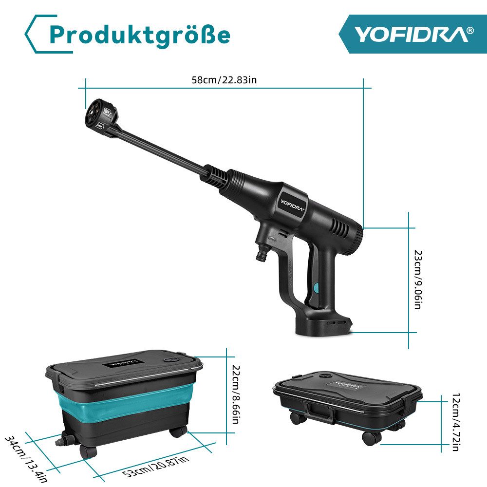Yofidra Akku-Hochdruckreiniger 70 bar mobiler Hochdruckreiniger mit 2 Akkus und 22-Liter-Eimer, Druck max: 70 bar, 600 W, Fördermenge max: 246 l/h, Auto-Hochdruckreiniger, Terrassenreiniger ideal für Außenbereiche