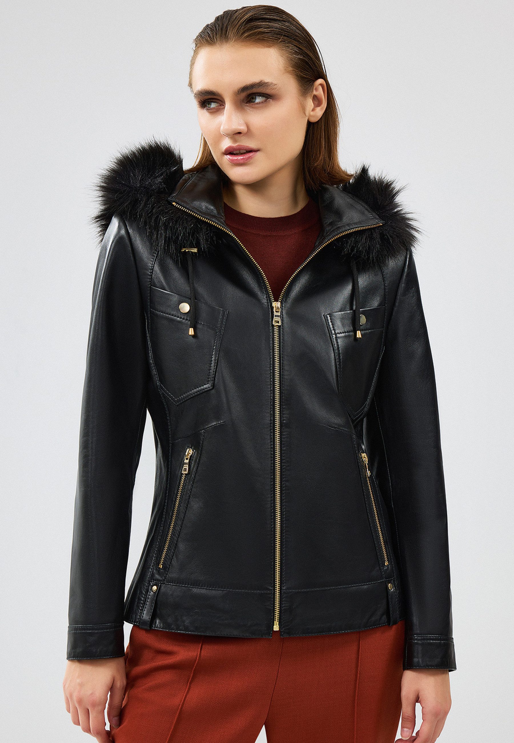 Lederjacke Meggy Lederjacke mit Kapuze und Fellbesatz
