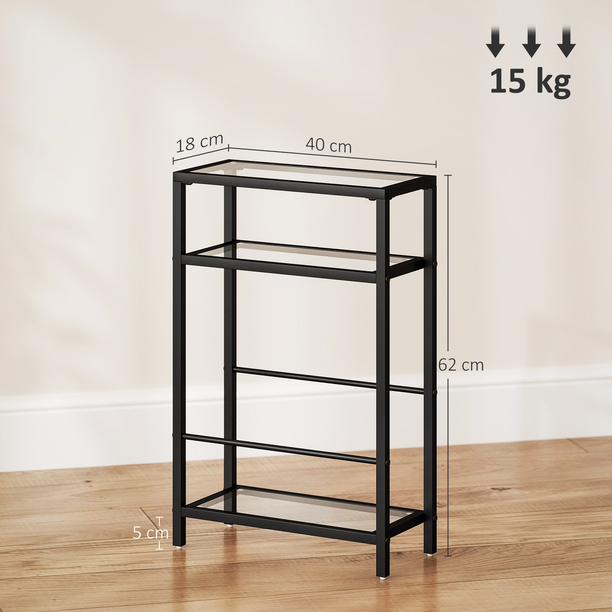 HOMCOM Beistelltisch kleiner Couchtisch mit 3 Ebenen, Tischplatte aus Hartglas (Sofatisch, 1-St., Modernes Nachttisch), für Wohnzimmer, Schlafzimmer, Schwarz