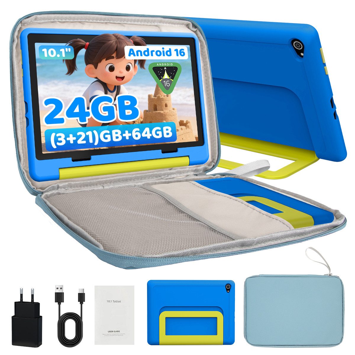 BUFO Kinder Lern-Tablet mit Elternkontrolle 10'' Android 16, 64GB Tablet (10", 64 GB, Android 16, Kids Bumper blau)