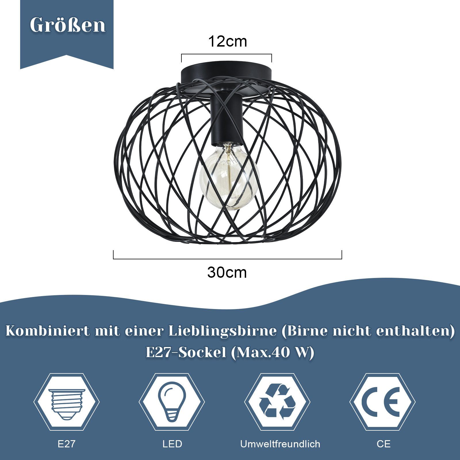 Nettlife Deckenleuchte 1 Flammig Deckenlampe Vintage E27 Flurlampe Schwarz Flur Küchenlampe, LED wechselbar, Flur Schlafzimmer Küche – Bild 4 von 5